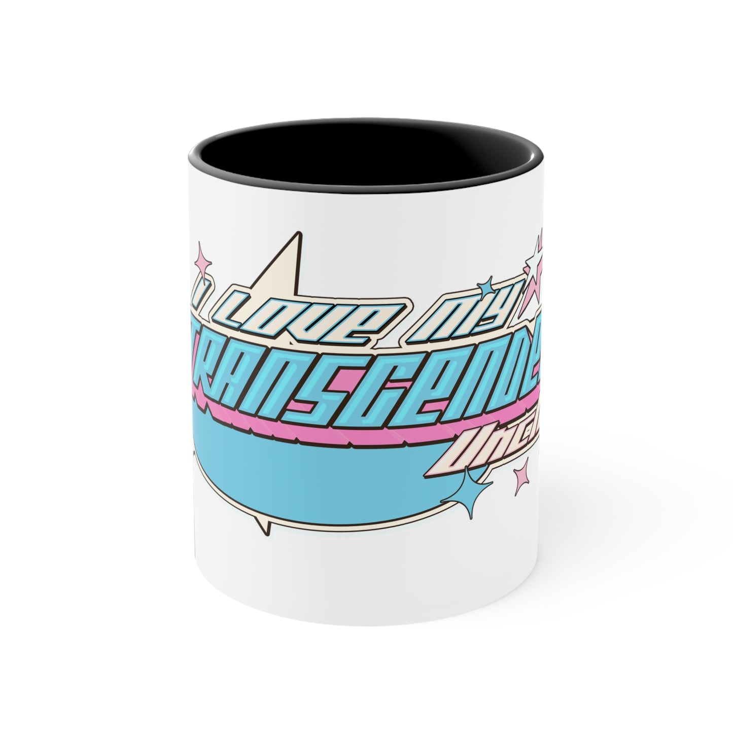 The "I Love My Transgender Uncle" original design accent mug by Printify is a white ceramic mug with a blue interior, showcasing an eye-catching design in cyan, pink, and white retro-style text that reads "Love My Transgender Uncle." It features star-shaped accents and a background with complementary colors.