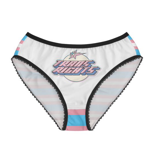 The Trans Rights Briefs - original design by Printify feature a black waistband and delicate lace trim. The fabric showcases pastel pink, blue, and white stripes, with a retro-style graphic in the center that displays the phrase "Trans Rights" in bold, colorful letters against a pastel planet backdrop. Celebrate equality with style in these unique underpants.