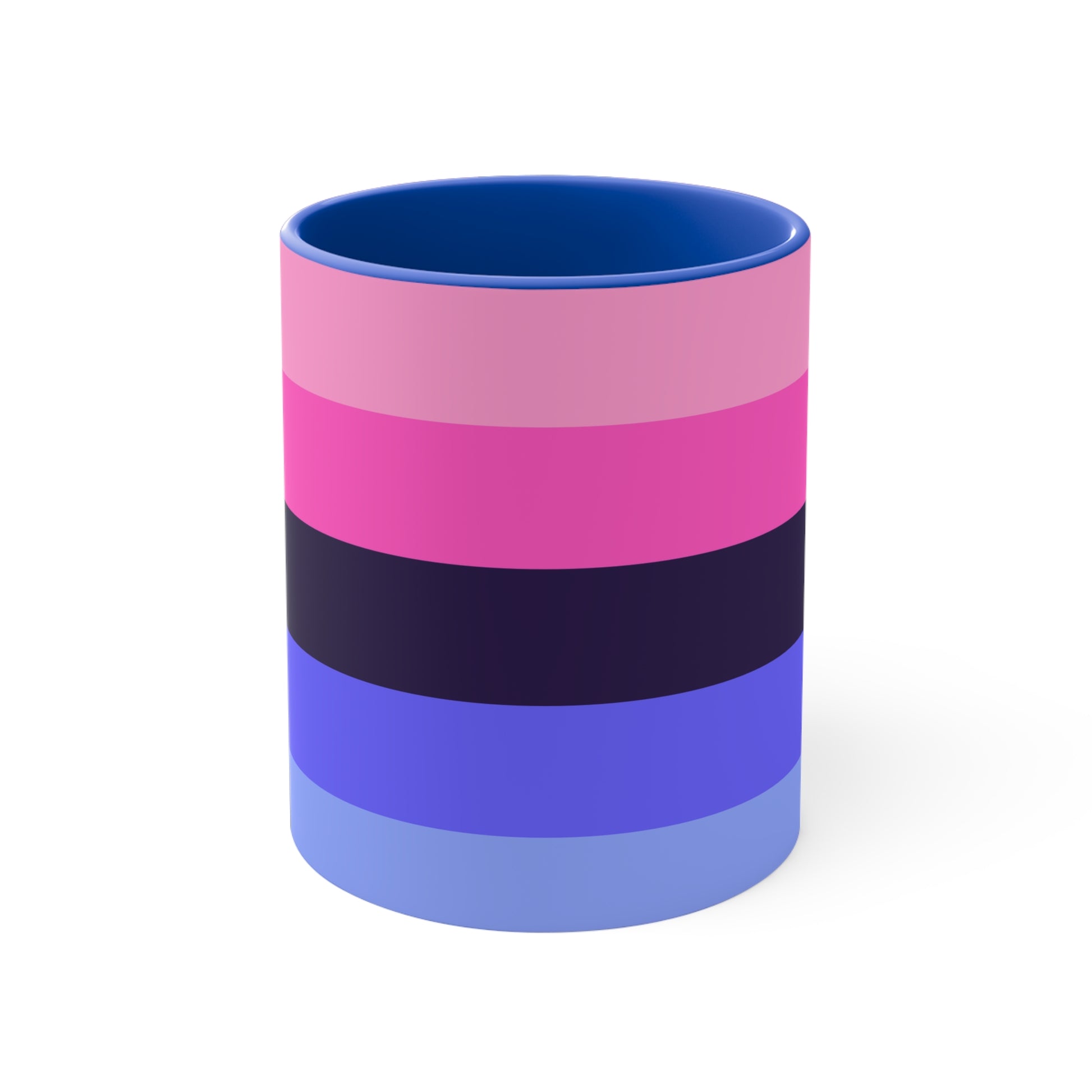 The Omnisexual Pride Flag - love hearts - colourful accent mug from Printify boasts an eye-catching design with a blue handle and inner surface, adorned with horizontal stripes in various shades of pink, purple, and blue.