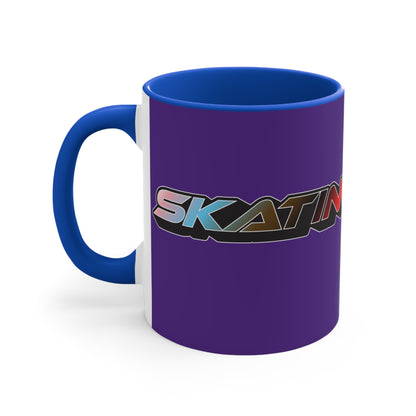 Displayed is the SKATING IS GAY rainbow gradient accent mug by Printify. This eye-catching mug features a purple exterior and a colorful interior, with the text "SKATING IS GAY" displayed in gradient colors of red, orange, yellow, and green. The dynamic design is enhanced by its shadowed font style.