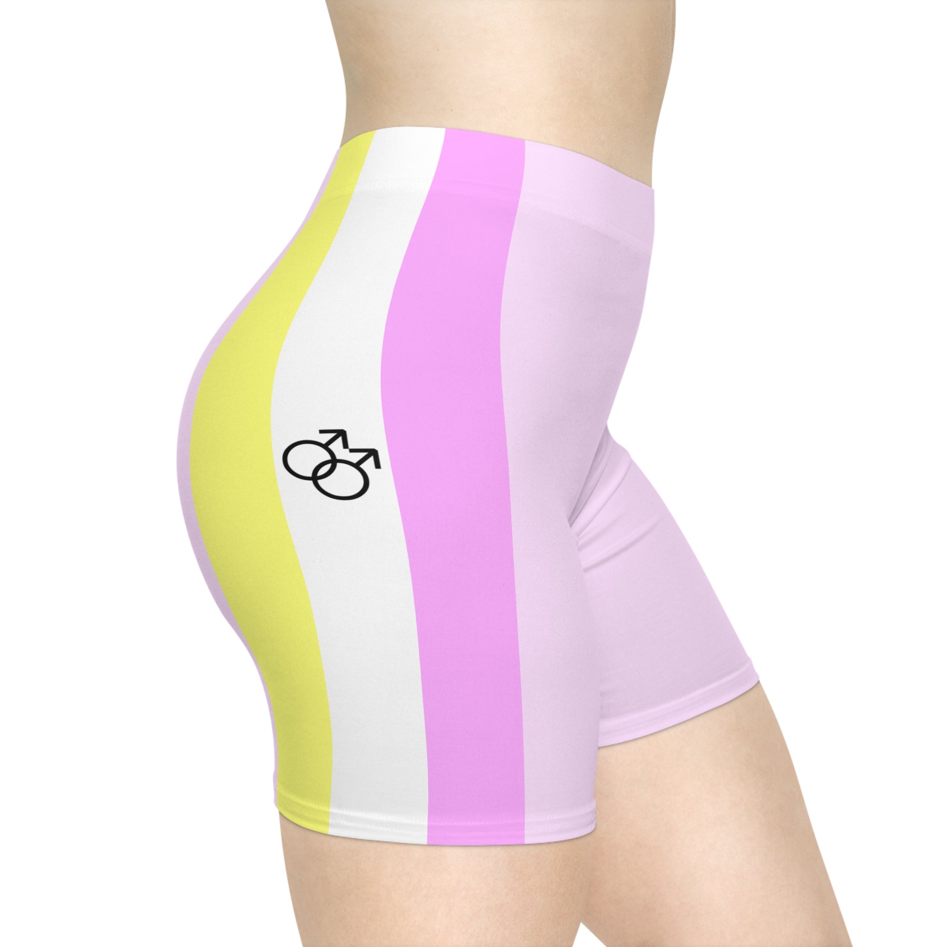 Sexy Twink Pride Flag Bike Shorts from gayskate for gay boys featuring vertical stripes in light pink, mauve, and yellow. The unisex design is embellished with a male gender symbol on the side.