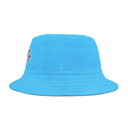 The Trans Rights Blue Bucket Hat is an adorable blue accessory adorned with a stylized graphic illustration. It features the bold, retro-inspired text "TRANS RIGHTS" in shades of pink, white, and blue (the trans flag) on a white  background, accented with pink and blue sparkles. Crafted from practical polyester, it's both stylish and functional.