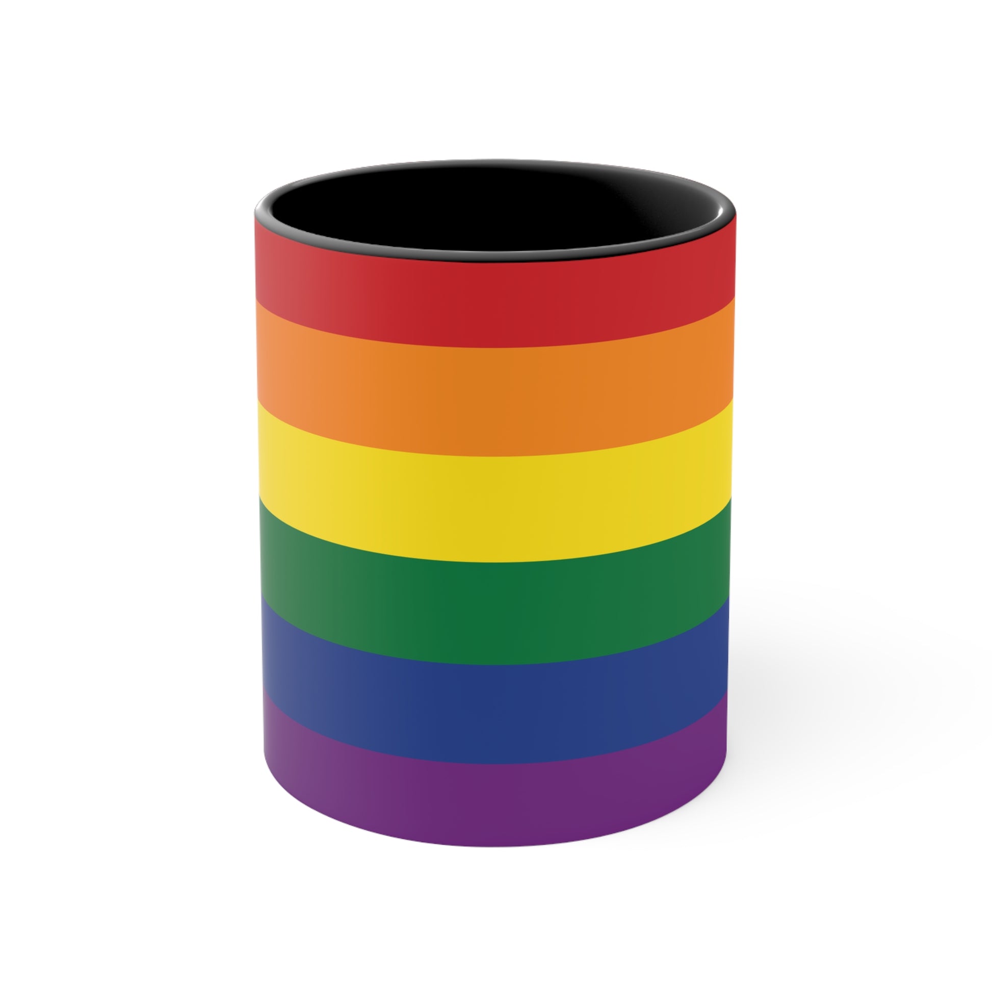 The Rainbow Pride Flag Colorful Accent Mug by Printify is a white ceramic mug featuring a red handle and interior. The exterior showcases horizontal stripes in the vibrant colors of the LGBTQ+ pride flag—red, orange, yellow, green, blue, and purple—offering a striking color contrast.