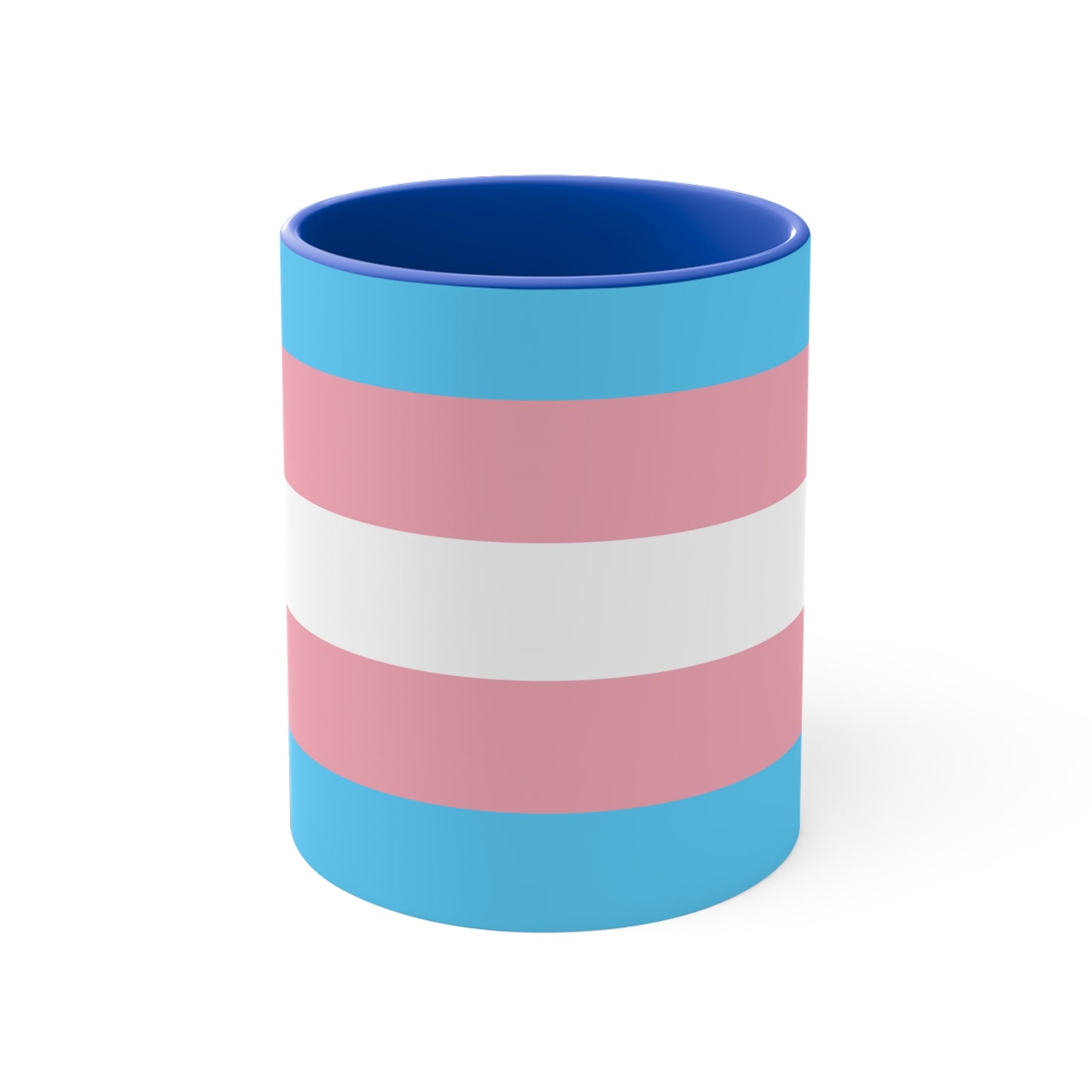 The Trans Pride Flag Colourful Accent Mug by Printify features a ceramic design with horizontal stripes in blue, pink, and white. Its solid blue handle perfectly complements the colorful interior.