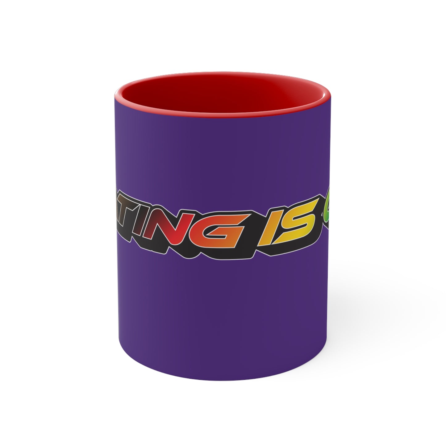 Displayed is the SKATING IS GAY rainbow gradient accent mug by Printify. This eye-catching mug features a purple exterior and a colorful interior, with the text "SKATING IS GAY" displayed in gradient colors of red, orange, yellow, and green. The dynamic design is enhanced by its shadowed font style.