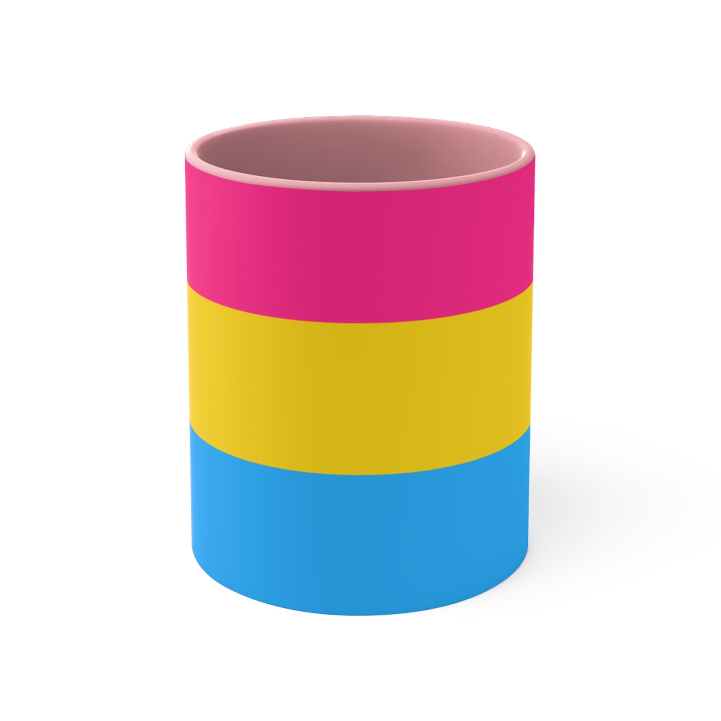 The Pansexual Pride Flag colourful accent mug from Printify features a ceramic design with a pink handle and colorful interior that showcases the colors of the pan pride flag: pink on top, yellow in the middle, and blue on the bottom.