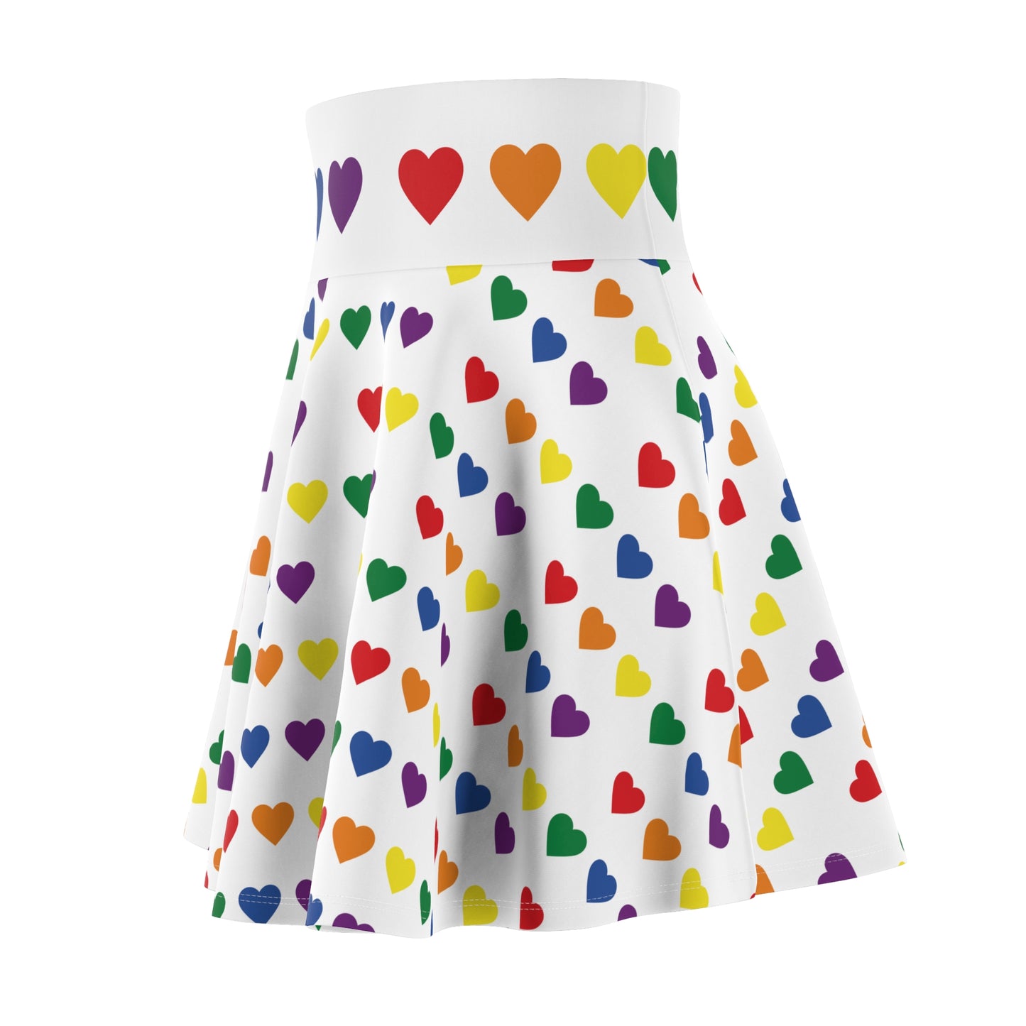 Introducing the Rainbow Pride Hearts Skater Skirt by Gay Skate: a white pleated skater skirt adorned with a pattern of colorful pride flag rainbow hearts in various sizes. The hearts come in vibrant shades of red, orange, yellow, green, blue, and purple. Featuring a cozy soft touch and a waistband highlighted with purple hearts, this versatile piece is sure to become an everyday favorite.