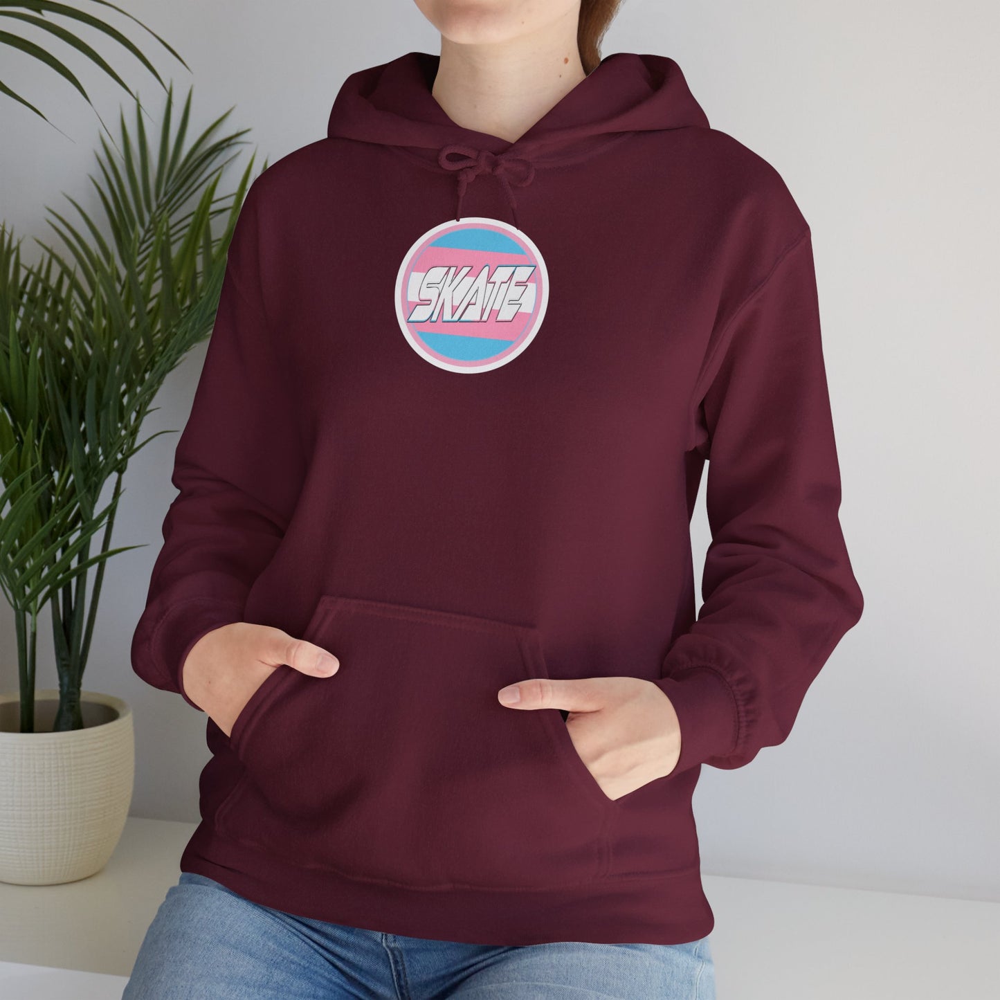 Add Custom Name - SKATE Trans Flag round logo Hoodie - Australian Shipping