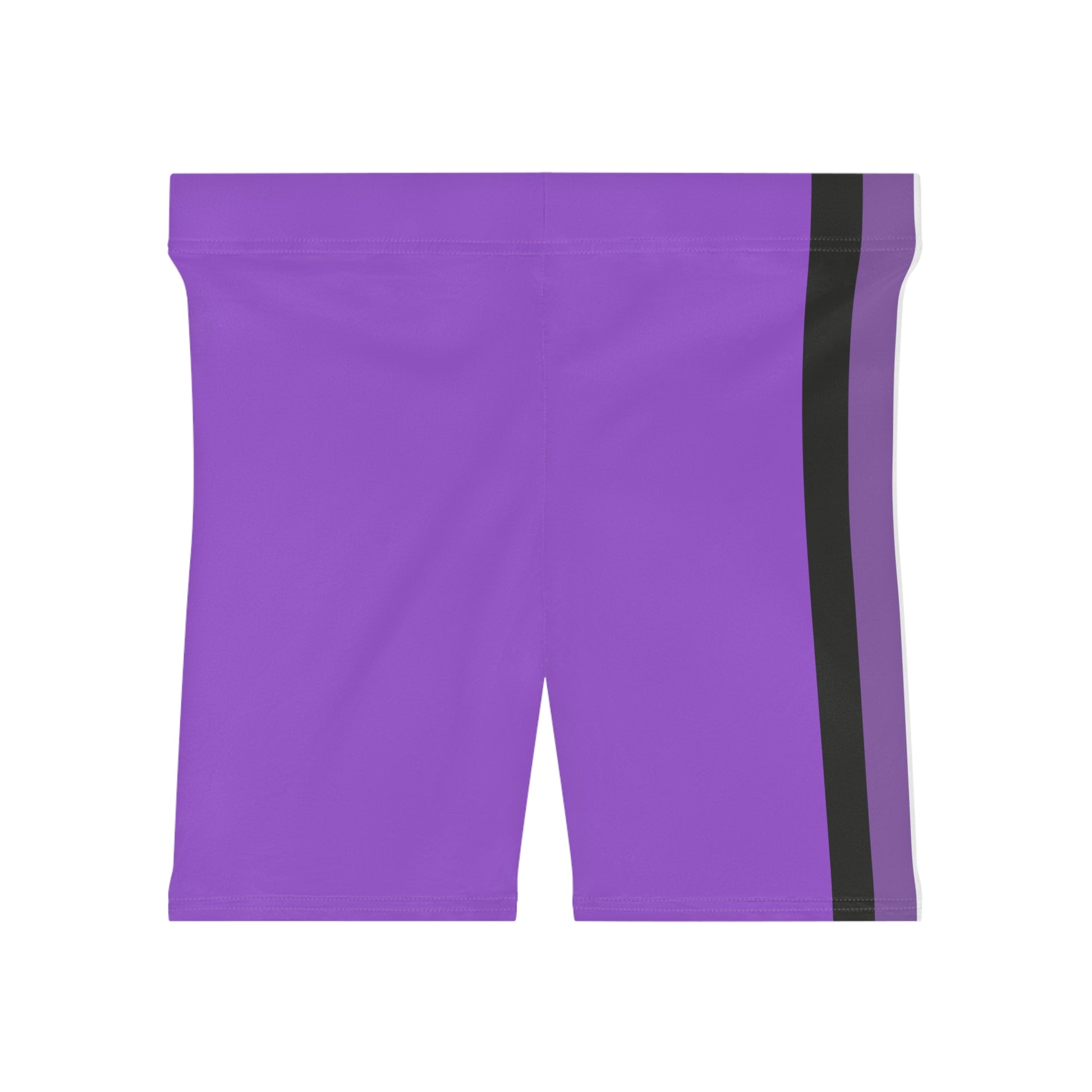 A person is wearing Non-binary Pride Flag Bike pants, featuring moisture-wicking polyester material and vertical stripes in black, purple, white, and yellow on the side - the nonbinary pride flag. The image shows the lower torso and upper thigh area from a side view.