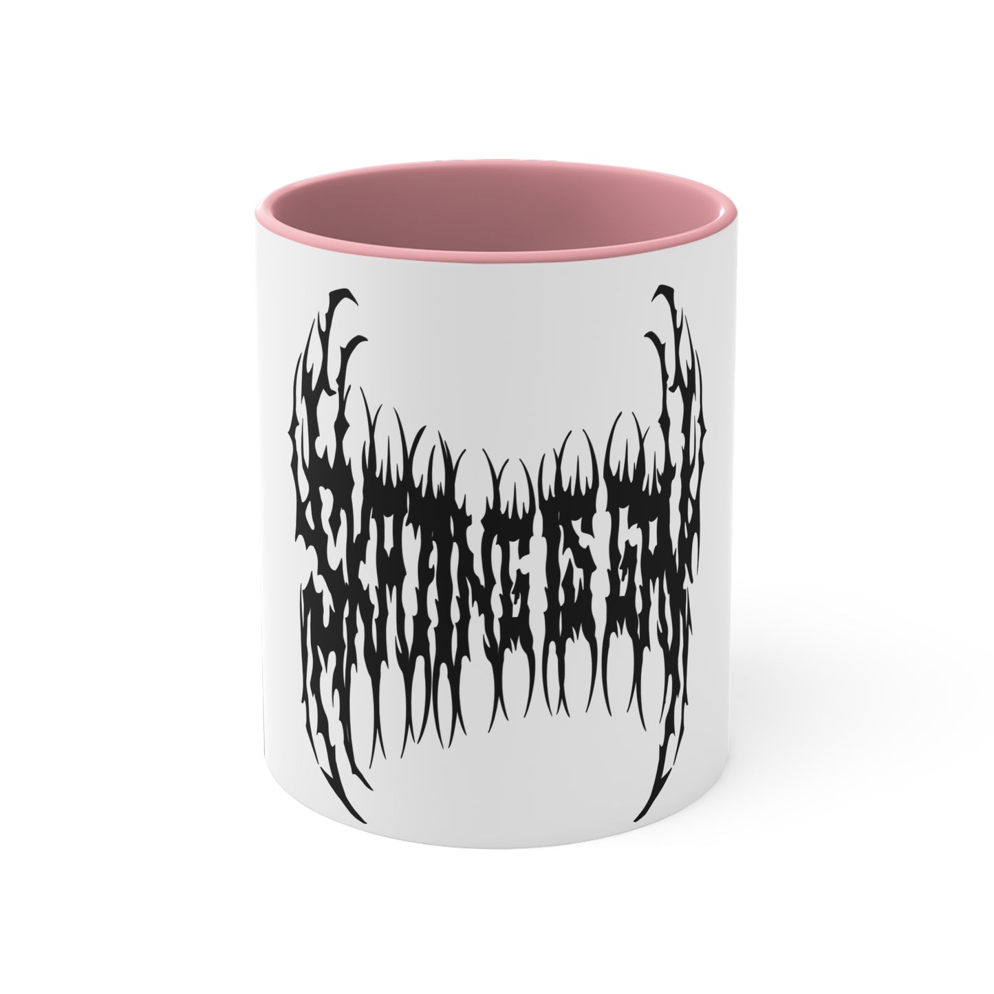 The "SKATING IS GAY but make it death metal accent mug" by Printify is a white mug with a black interior featuring an intricate design that resembles sharp, thorny text. Styled in a death metal font, the symmetrical design has an aggressive, edgy appearance that makes the text difficult to read due to its complex, spiky style.