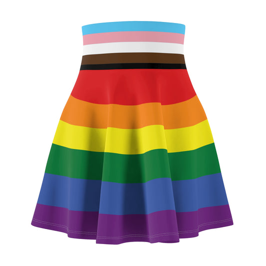 Introducing the LGBTIQ Progress Pride flag Skater Skirt by Printify—a vibrant and versatile skirt featuring horizontal stripes that transition from pastels to a Rainbow Progressive pride flag pattern. This colorful piece celebrates diverse LGBTQ+ pride elements and is crafted by a trans and queer owned business.