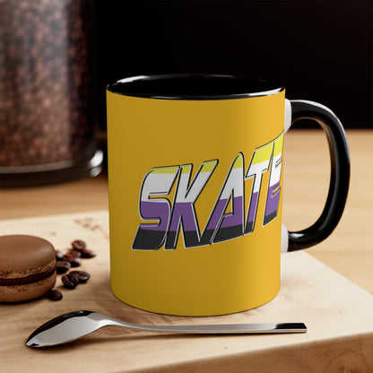 The SKATE non-binary pride flag accent mug by Printify is a yellow mug with a black handle and interior. It features the word "SKATE" in large, bold letters with a gradient effect transitioning from purple to white and has a retro, 3D style with a black shadow effect. To preserve its vibrant colors, it is recommended to hand wash only.