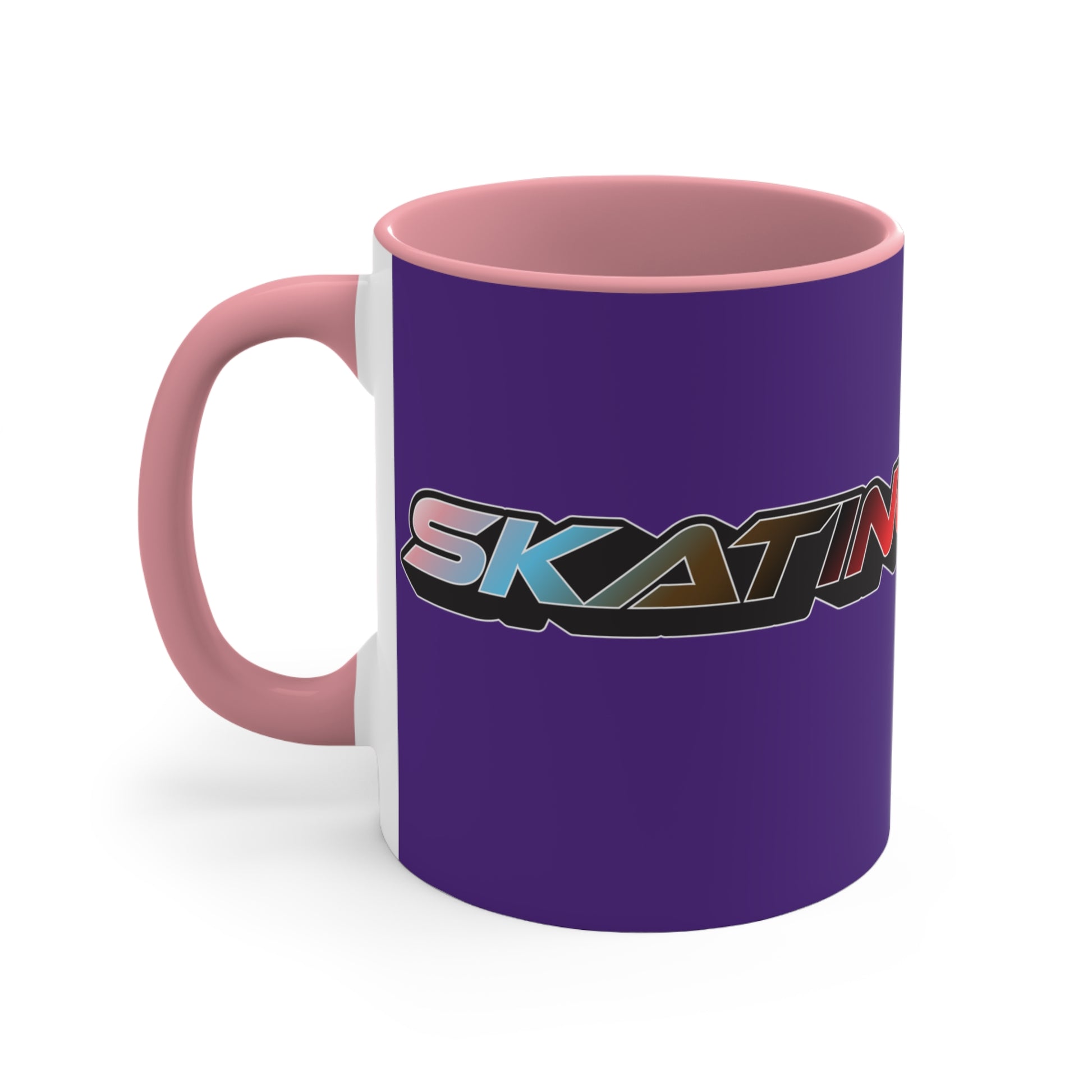 Displayed is the SKATING IS GAY rainbow gradient accent mug by Printify. This eye-catching mug features a purple exterior and a colorful interior, with the text "SKATING IS GAY" displayed in gradient colors of red, orange, yellow, and green. The dynamic design is enhanced by its shadowed font style.