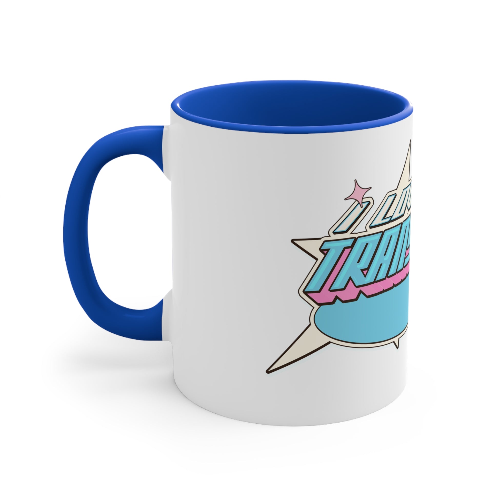 The "I Love My Transgender Uncle" original design accent mug by Printify is a white ceramic mug with a blue interior, showcasing an eye-catching design in cyan, pink, and white retro-style text that reads "Love My Transgender Uncle." It features star-shaped accents and a background with complementary colors.