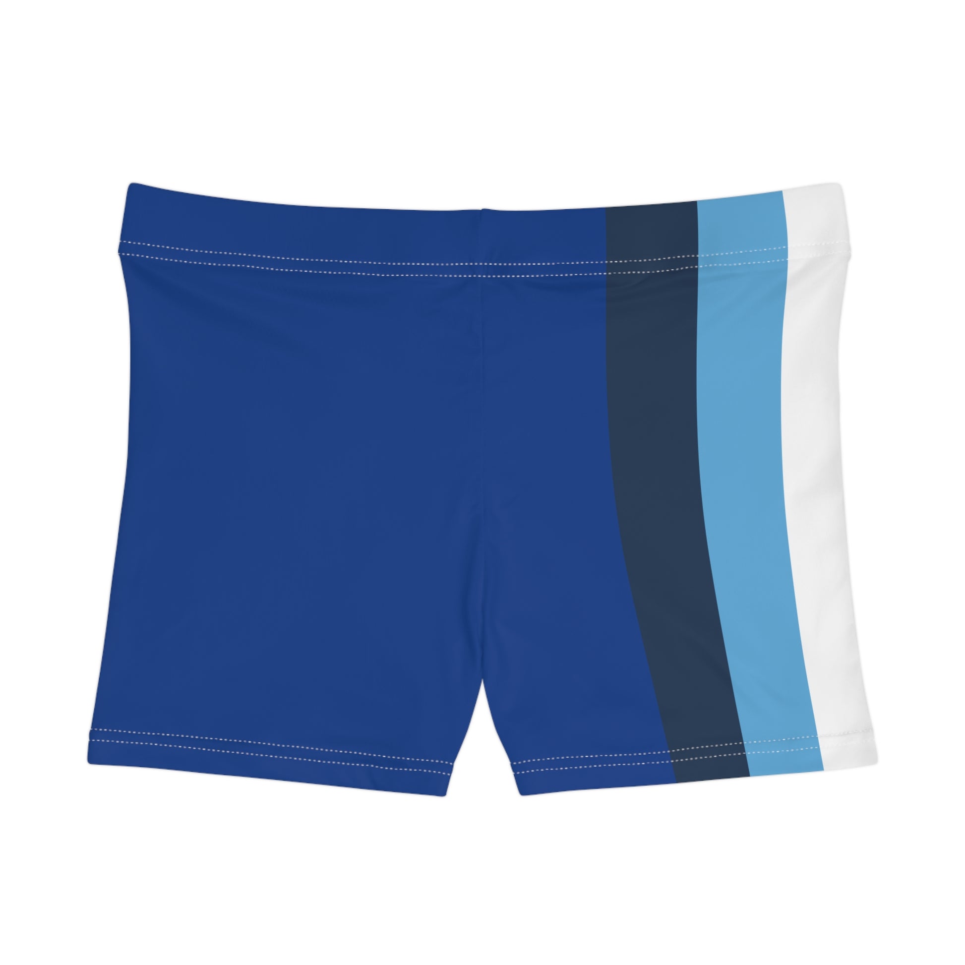 A person is wearing the Aroace Aromantic-Asexual Pride Flag Short Shorts by Printify, featuring colorful, moisture-wicking active wear in high-waisted shorts with vertical stripes in shades of blue, white, yellow, and orange. The background is plain white, and the image focuses on the side of the body from the chest down to mid-thigh.