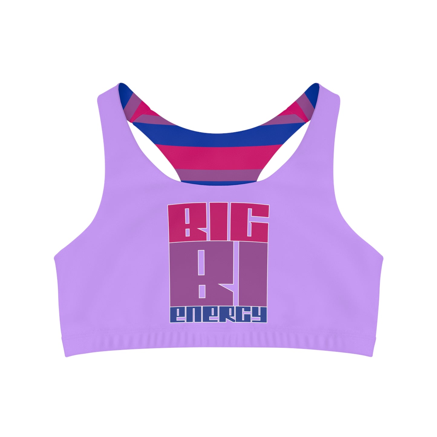 Introducing the Big Bi Energy bisexual pride Seamless Sports Bra Crop Top by Printify. This stylish sports bra showcases "BIG BI ENERGY" in bold, colorful letters and features a racerback design with pink and blue stripes. Crafted from moisture-wicking material, it celebrates bisexual pride while offering medium support.