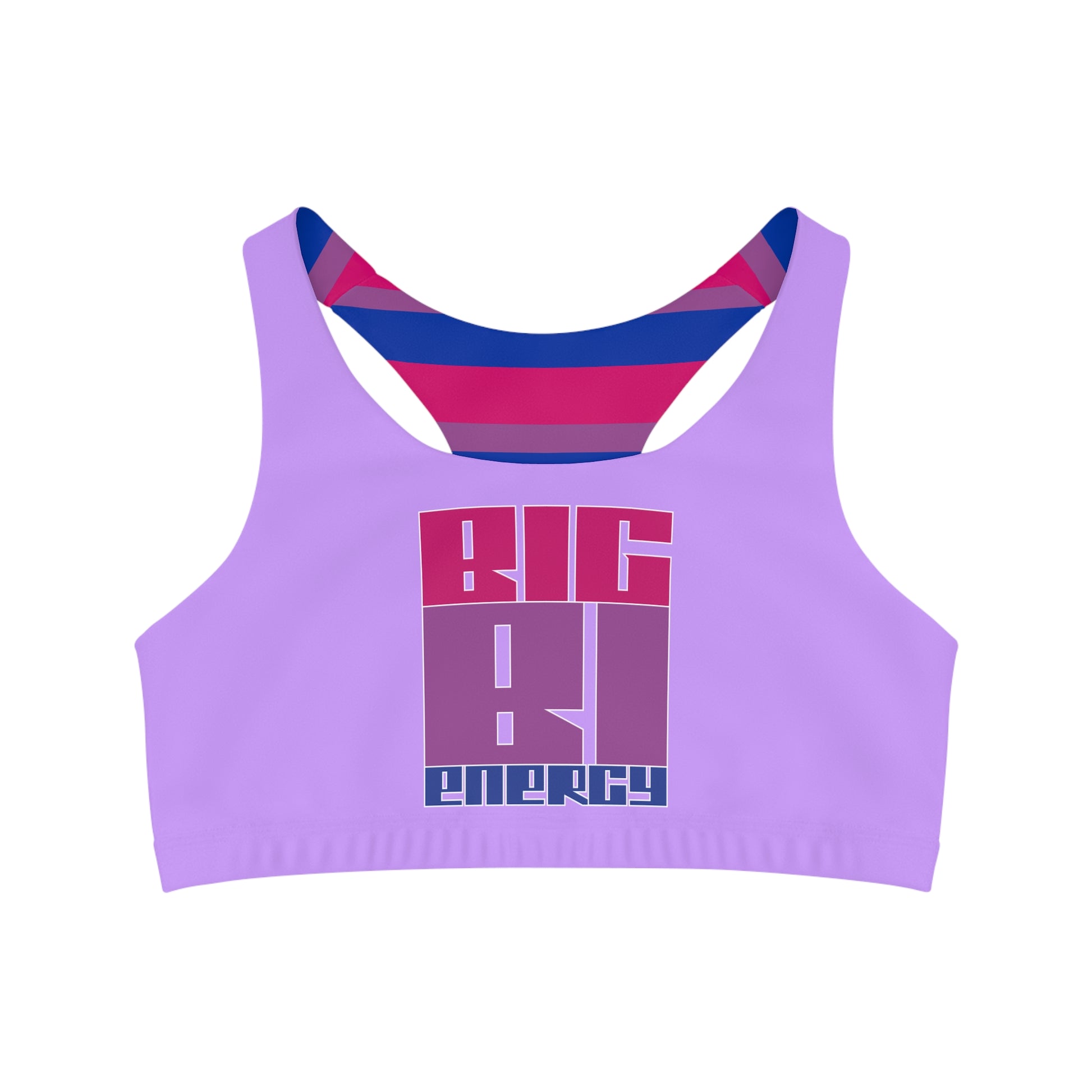 Introducing the Big Bi Energy bisexual pride Seamless Sports Bra Crop Top by Printify. This stylish sports bra showcases "BIG BI ENERGY" in bold, colorful letters and features a racerback design with pink and blue stripes. Crafted from moisture-wicking material, it celebrates bisexual pride while offering medium support.