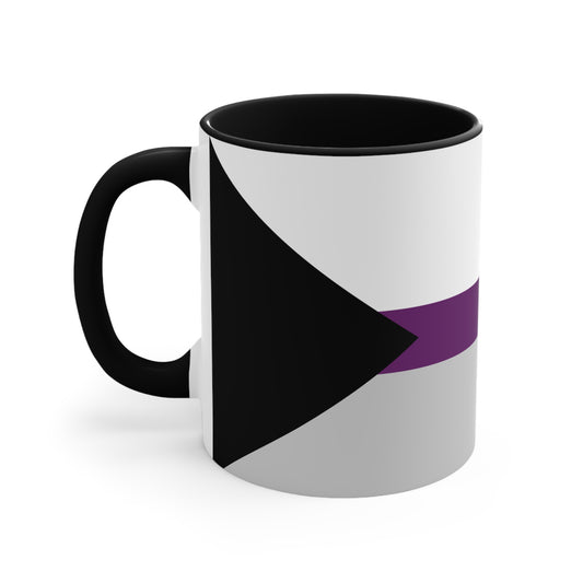 The Demisexual Pride Flag Accent Mug from Printify is a white ceramic mug featuring a striking design with diagonal stripes in black, gray, white, and purple to represent the asexuality pride flag. It has a black handle and interior and is crafted by a queer-owned business.