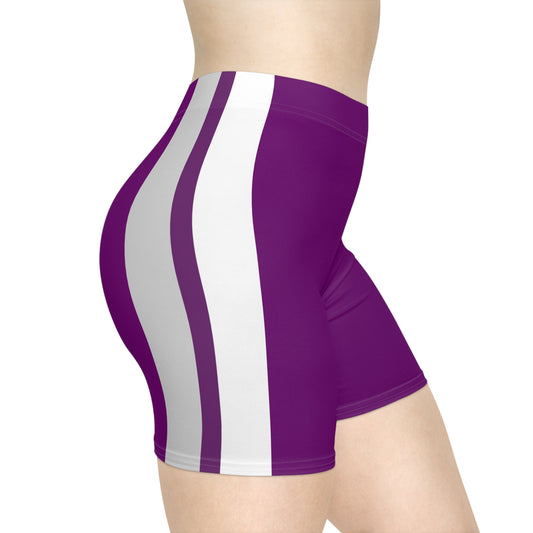 Side view of a person wearing tight, moisture-wicking Demisexual Pride Flag Bike Shorts, featuring a vibrant purple design with vertical white and light purple stripes on the side. The person is standing against a white background. Great for roller derby.