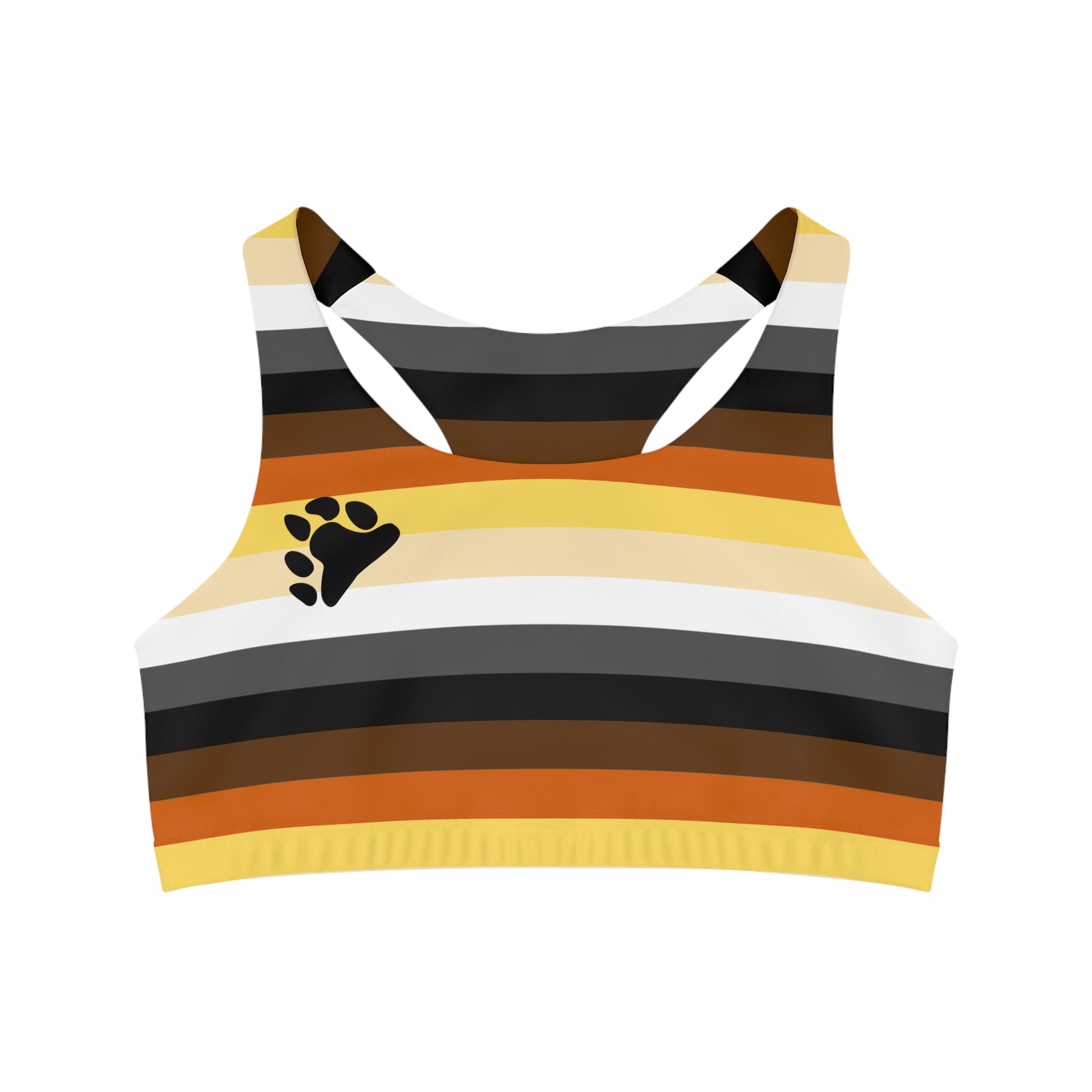 Introducing the Bear Pride Flag Seamless Sports Bra by Printify. This LGBTQ+ activewear features horizontal stripes in black, gray, white, yellow, orange, and brown with a small black paw print design on the left side. Crafted from moisture-wicking fabric for unbeatable comfort. Perfect for Pride Month apparel or as a men's sports top during pride parades—celebrate the vibrant Bear Pride colors in style!