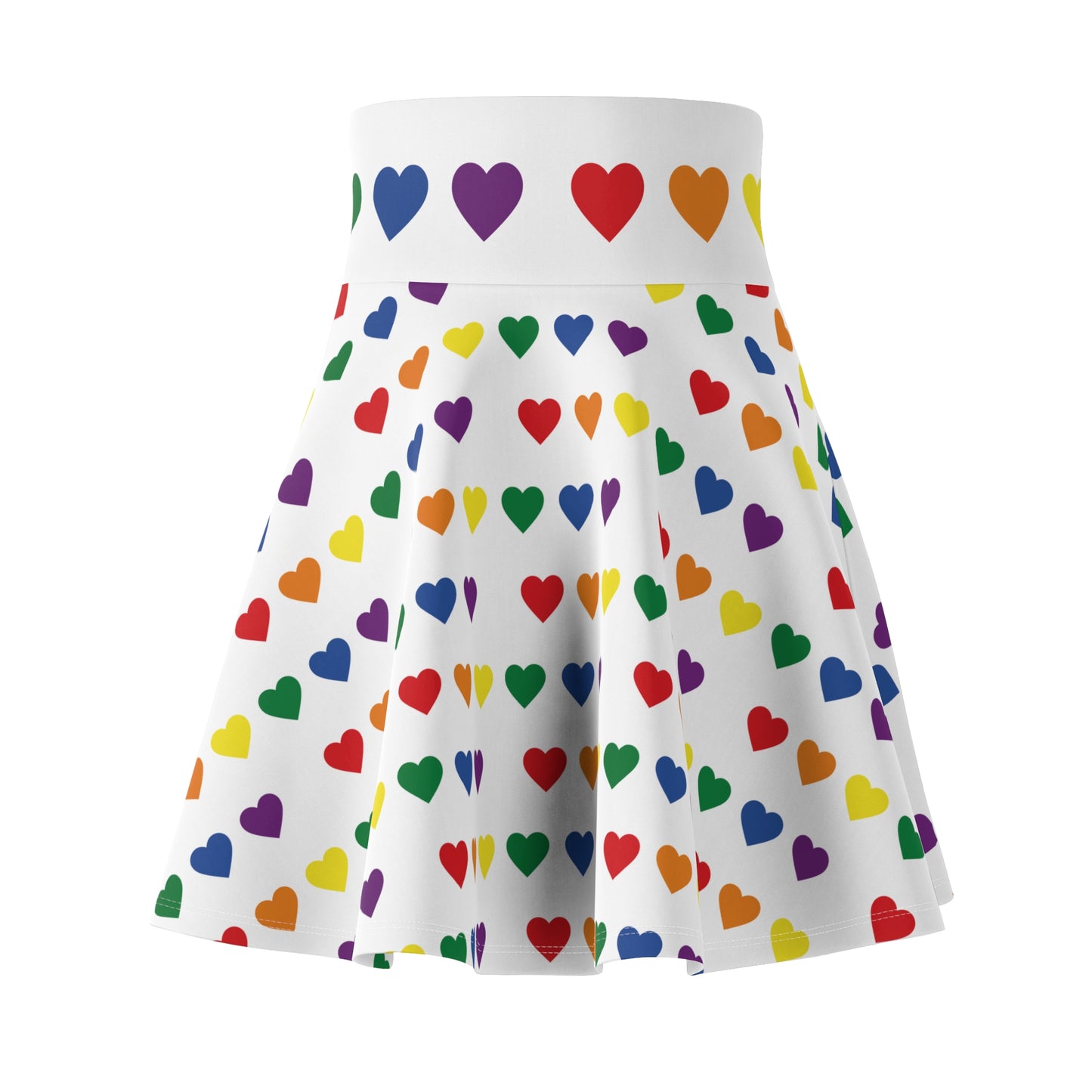 Introducing the Rainbow Pride Hearts Skater Skirt by Gay Skate: a white pleated skater skirt adorned with a pattern of colorful pride flag rainbow hearts in various sizes. The hearts come in vibrant shades of red, orange, yellow, green, blue, and purple. Featuring a cozy soft touch and a waistband highlighted with purple hearts, this versatile piece is sure to become an everyday favorite.