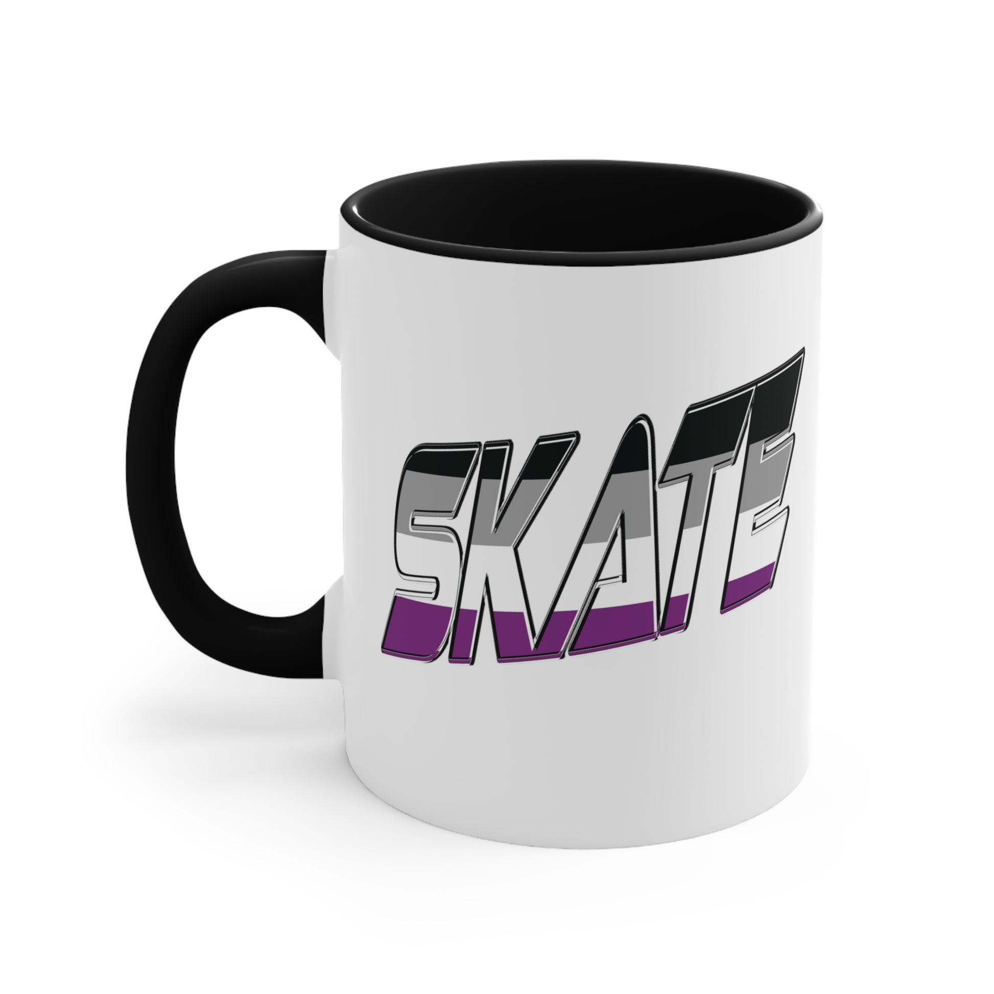 The SKATE asexual pride flag accent mug from Printify features a striking design: a white base with a black handle and vibrant interior. The word "SKATE" is boldly displayed on the side in 3D-style letters, showcasing an eye-catching gradient that transitions from black and gray at the top to purple at the bottom.