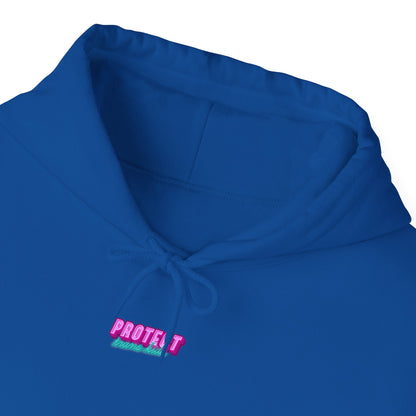 The "Protect Trans Kids Hoodie - Australian Shipping" is a blue unisex heavy blend hoodie with "PROTECT trans kids" in bold, colorful letters, crafted from ethically grown cotton, including a drawstring and laid flat to showcase the collar and embroidered message.