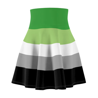 Check out the Aromantic Pride Flag Skater Skirt by Printify, featuring a versatile fit with horizontal color blocks in green, light green, white, gray, and black against a plain white background. This piece is proudly offered by a trans and queer-owned business.