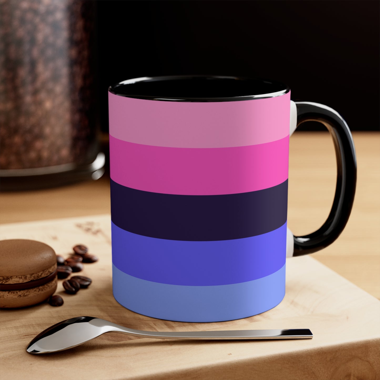 The Omnisexual Pride Flag - love hearts - colourful accent mug from Printify boasts an eye-catching design with a blue handle and inner surface, adorned with horizontal stripes in various shades of pink, purple, and blue.