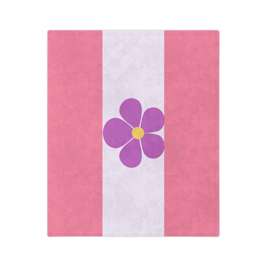 Crafted by a small business, the Sapphic Pride Flag - Velveteen Microfiber Blanket by Printify showcases two pink vertical stripes with a white center. At its heart, a charming purple flower with a yellow center adds an exquisite touch.