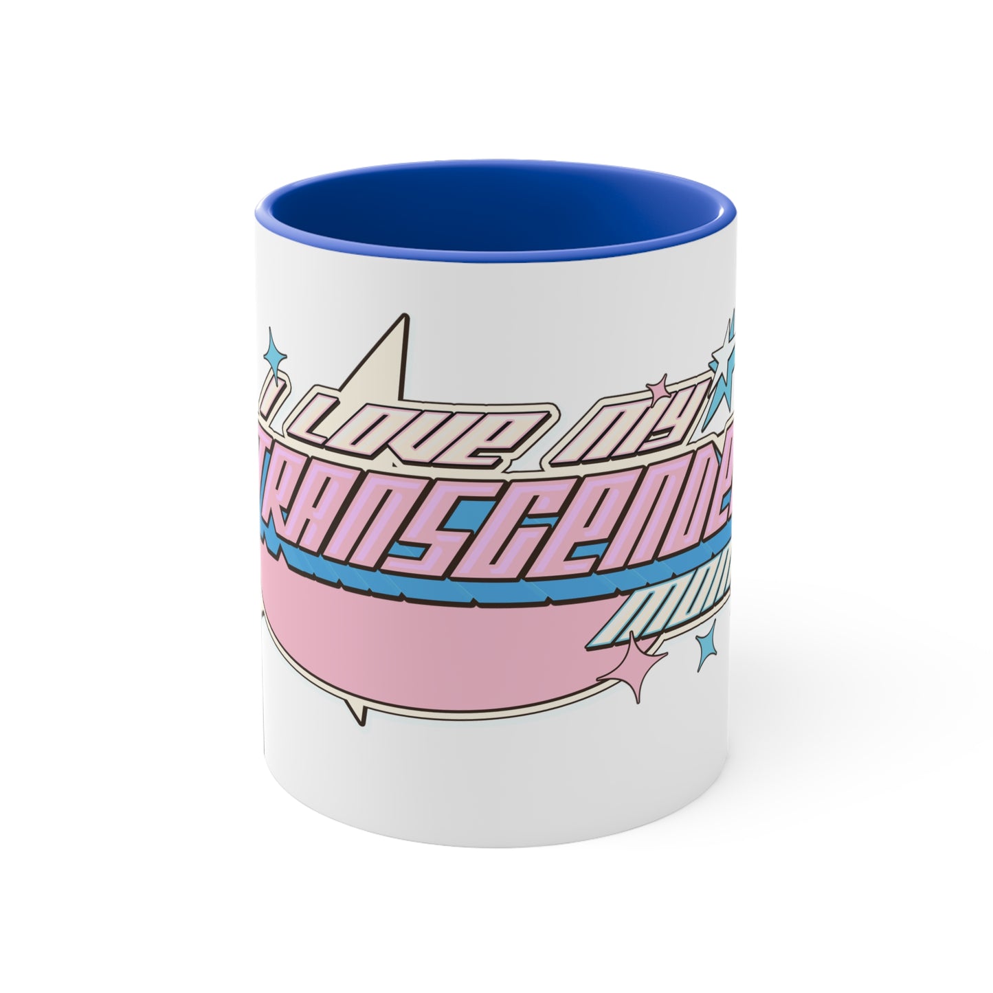 The "I Love My Transgender Mom" original design accent mug by Printify is a striking white ceramic mug with a pink interior. It showcases bold, colorful text that reads, "You Love Me? Transcend It!" in a retro-futuristic font accompanied by stars and pastel shades of pink, blue, and cream. The vibrant color contrast ensures this unique transgender mom mug truly stands out.