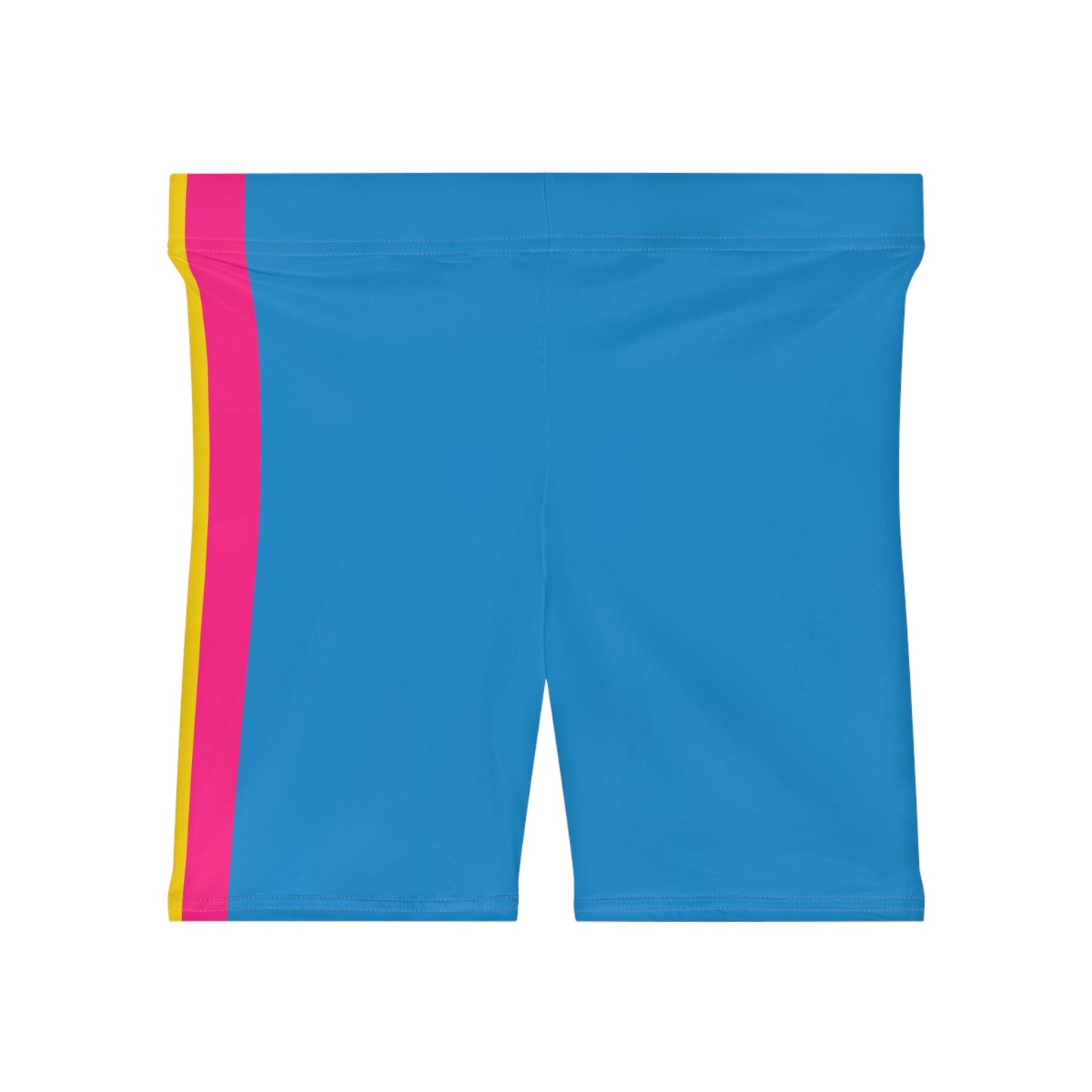 A person is shown from the side, wearing bright blue Pansexual Pride Flag Bike Shorts, which feature three vertical stripes in blue, yellow, and pink on the side - the pan pride flag. The high-waisted, moisture-wicking active wear showcases a light skin tone against a plain white background.