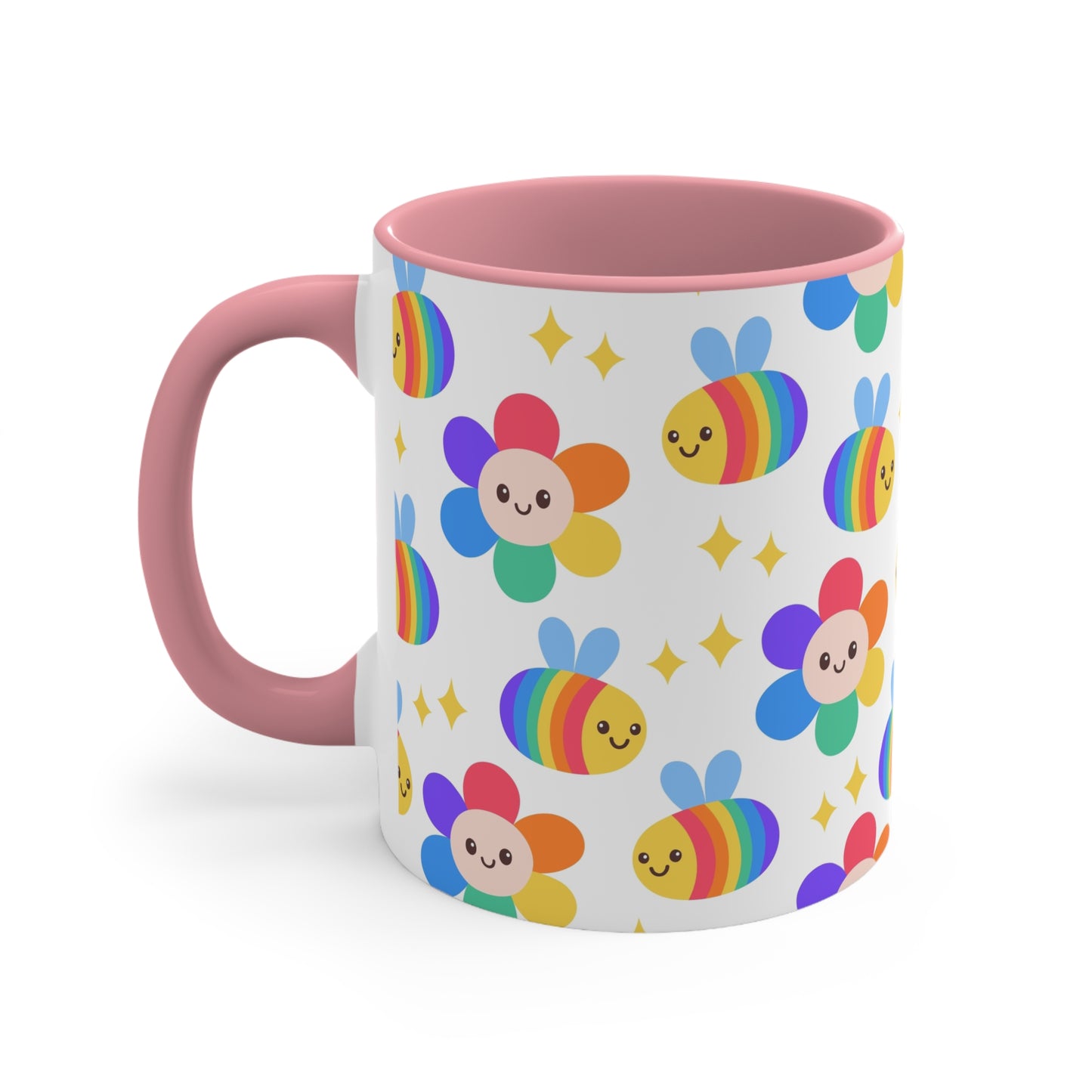 The Subtle Rainbow Pride - Flowers and Bees Colourful Accent Mug by Printify is a white ceramic mug with a red handle and colored interior, adorned with a vibrant pattern of adorable smiling bees and flower designs. The cheerful bees and flowers are rendered in bright rainbow colors reminiscent of the pride flag, with small yellow stars scattered throughout.