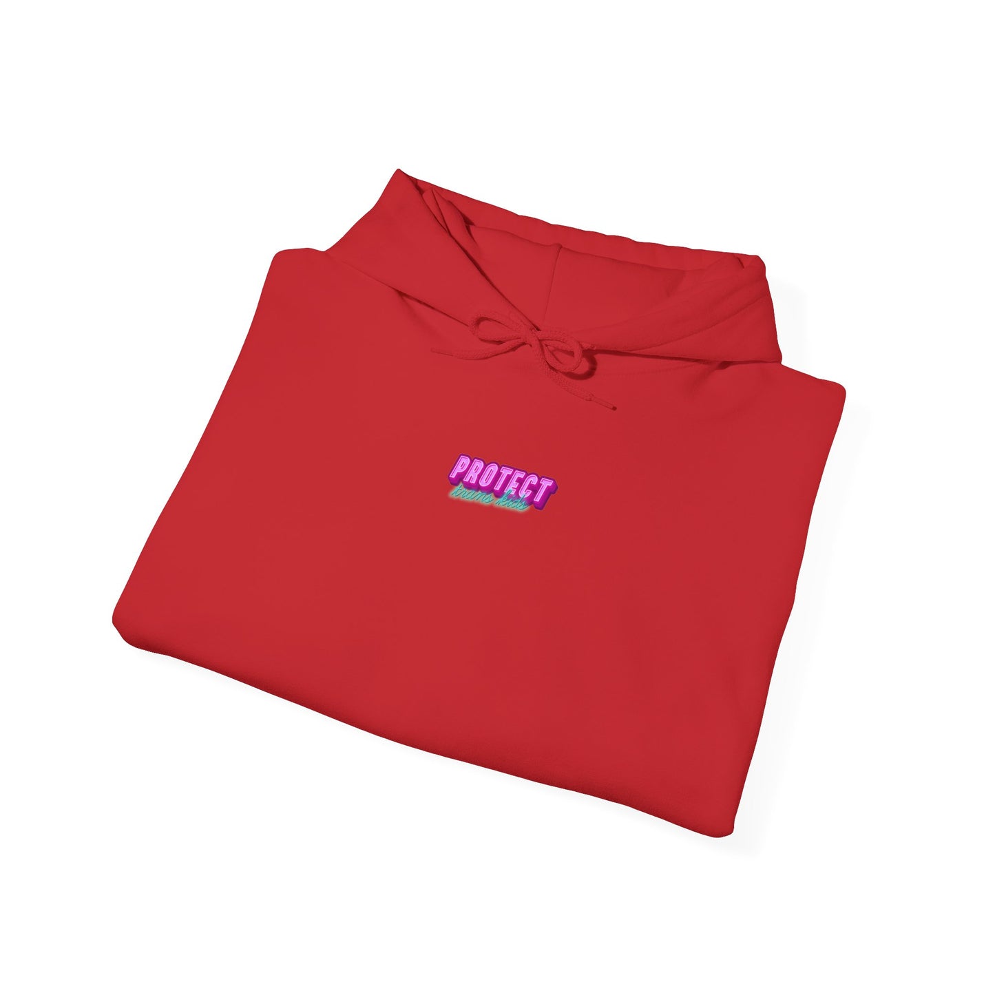 The "Protect Trans Kids" red unisex heavy blend hoodie features "PROTECT" in bold, multicolored letters. Crafted from ethically grown cotton, it’s neatly folded with visible hood and drawstrings against a plain white background.