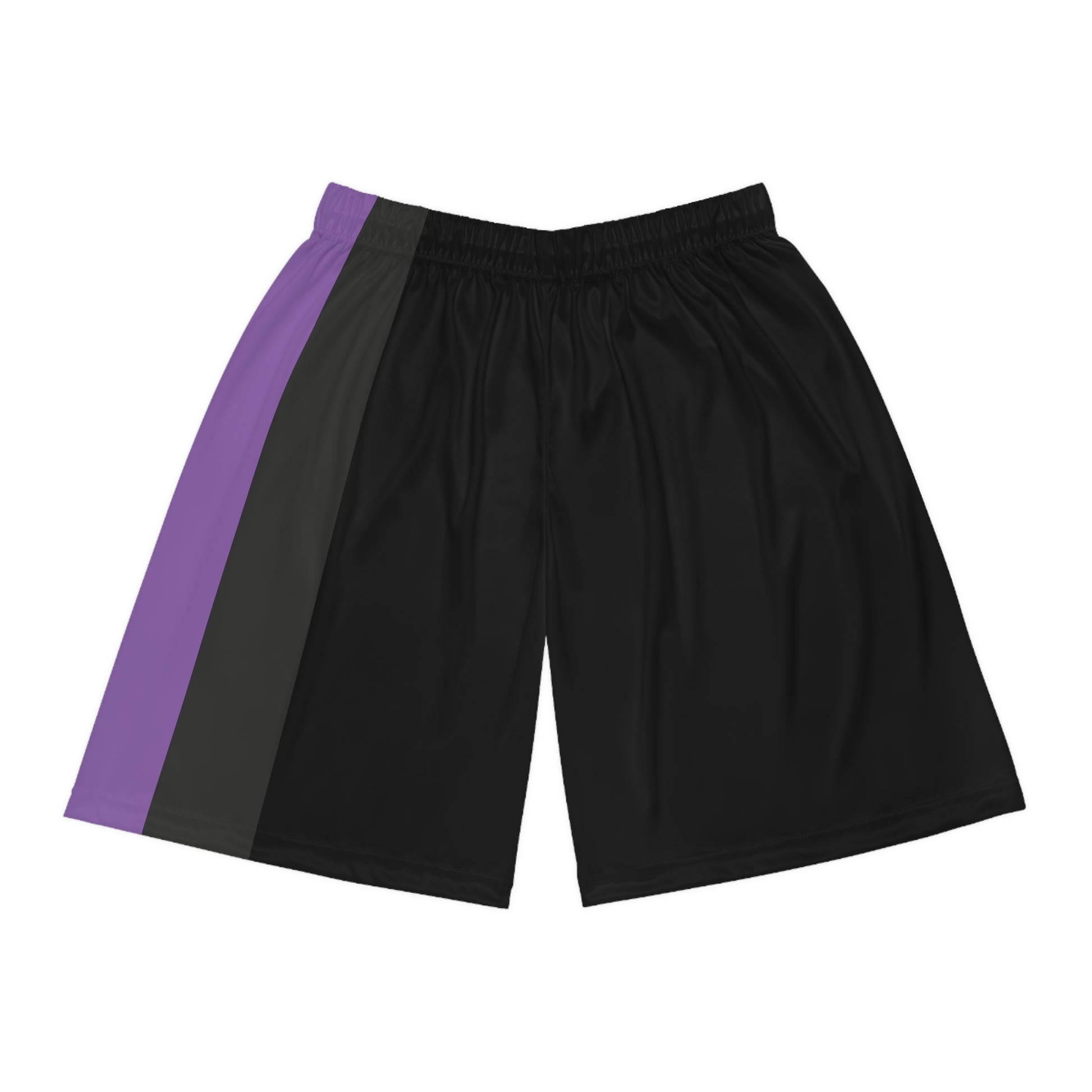 A person is standing wearing Non-Binary Pride Flag Basketball Shorts - Black from Printify, featuring an elastic waistband and side panels in vertical stripes of white, yellow, purple - thr nonbinary pride flag. The individual is shirtless, showing their midsection and a portion of their legs.