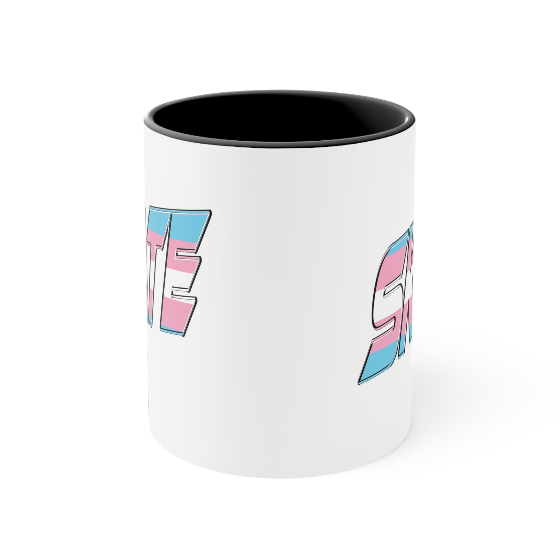 This SKATE trans pride flag accent mug by Printify features a white ceramic base with a blue handle and matching colorful interior. The word "SKATE" is emblazoned in bold letters, styled with vibrant pink and blue tones. Hand wash only to maintain its vivid design.