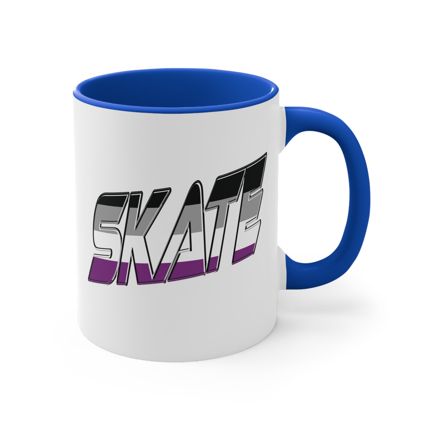 The SKATE asexual pride flag accent mug from Printify features a striking design: a white base with a black handle and vibrant interior. The word "SKATE" is boldly displayed on the side in 3D-style letters, showcasing an eye-catching gradient that transitions from black and gray at the top to purple at the bottom.