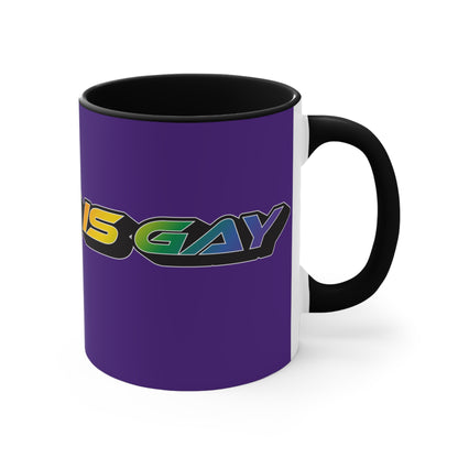 Displayed is the SKATING IS GAY rainbow gradient accent mug by Printify. This eye-catching mug features a purple exterior and a colorful interior, with the text "SKATING IS GAY" displayed in gradient colors of red, orange, yellow, and green. The dynamic design is enhanced by its shadowed font style.