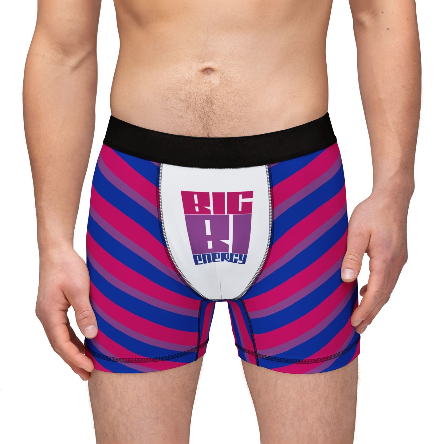 The Copy of Trans Rights Boxers - original design by Printify are men's boxer briefs showcasing diagonal stripes in shades of purple, blue, and red. Crafted from comfortable fabric, they feature a black waistband with bold "BIG ENERGY" stylized text at the front center. Celebrate inclusivity with these vibrant underpants from a proudly trans-owned business.