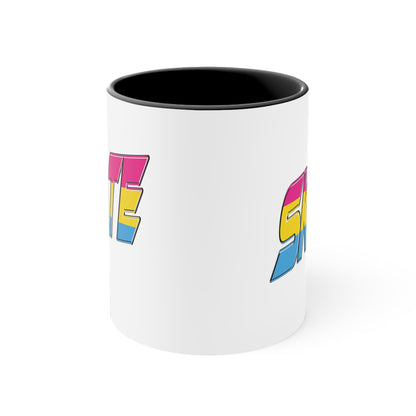 Introducing the "SKATE pansexual pride flag accent mug" by Printify—a white ceramic coffee mug highlighted with a black handle and interior. Adorned on the front are bold, colorful letters spelling "SKATE," featuring a gradient effect in pink, yellow, and blue that beautifully represents the pansexual pride flag.