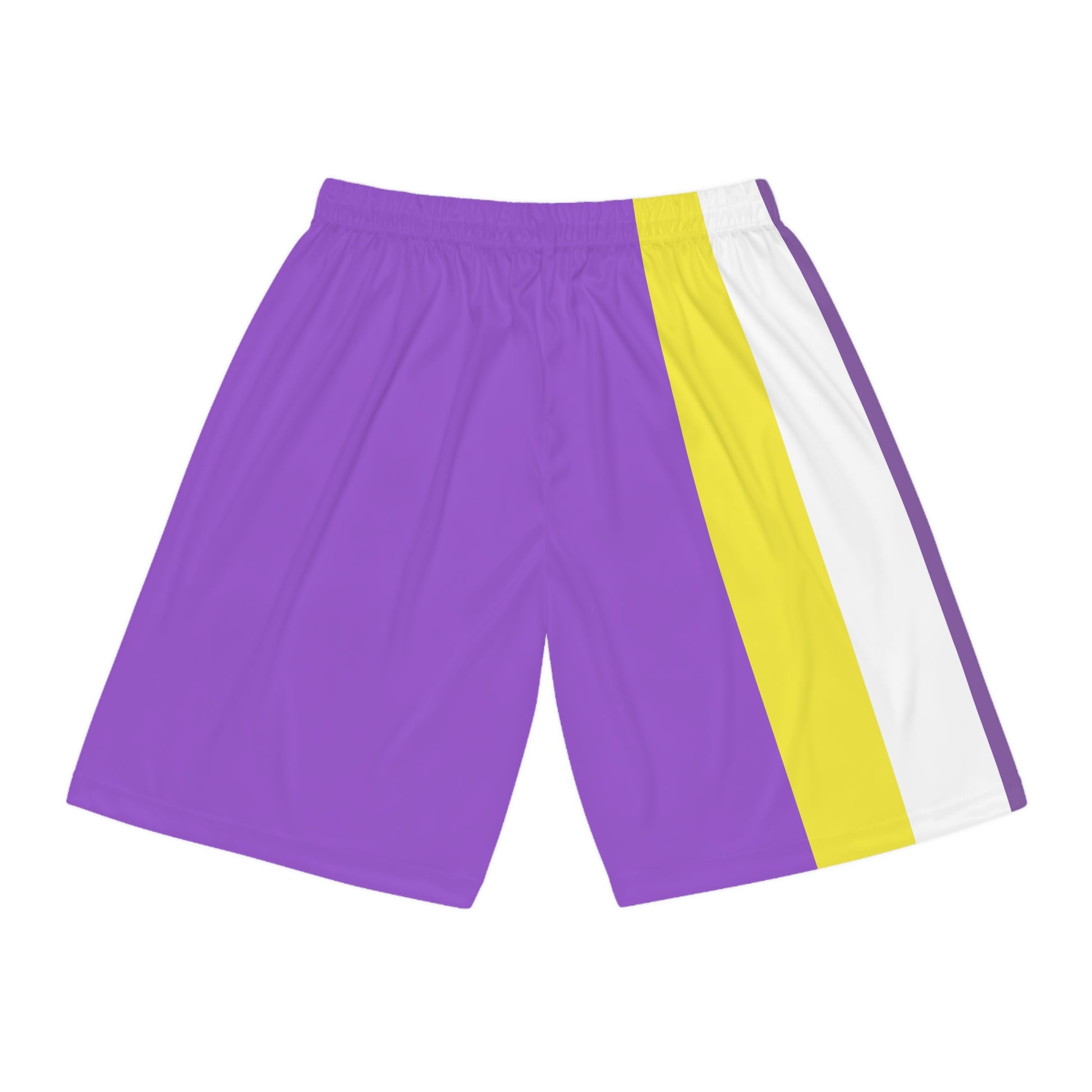 A person wearing Printify's Non-Binary Pride Flag Basketball Shorts in purple, which feature a multicolored side panel with vertical stripes of white, yellow, black, and purple, along with an adjustable waistband.