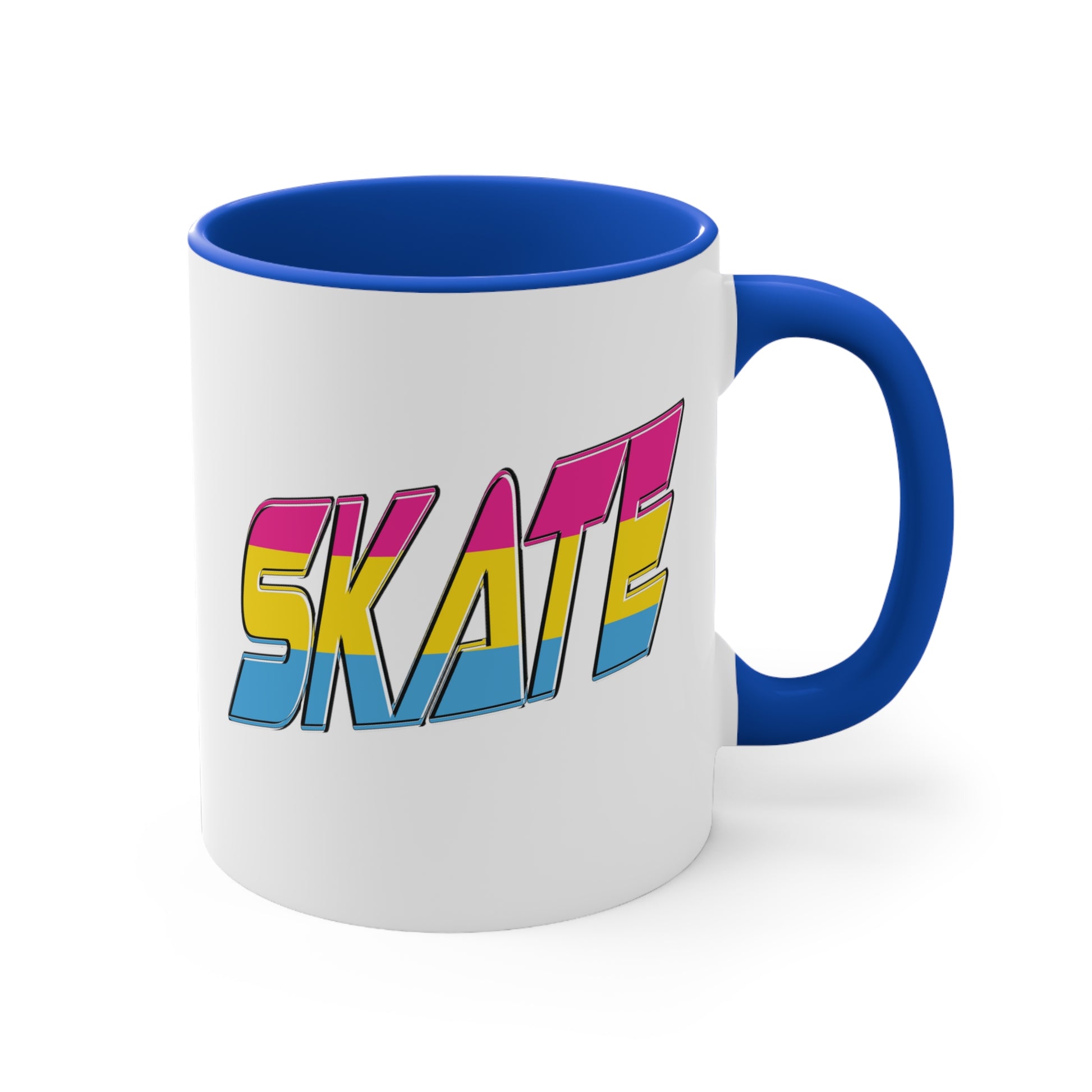 Introducing the "SKATE pansexual pride flag accent mug" by Printify—a white ceramic coffee mug highlighted with a black handle and interior. Adorned on the front are bold, colorful letters spelling "SKATE," featuring a gradient effect in pink, yellow, and blue that beautifully represents the pansexual pride flag.