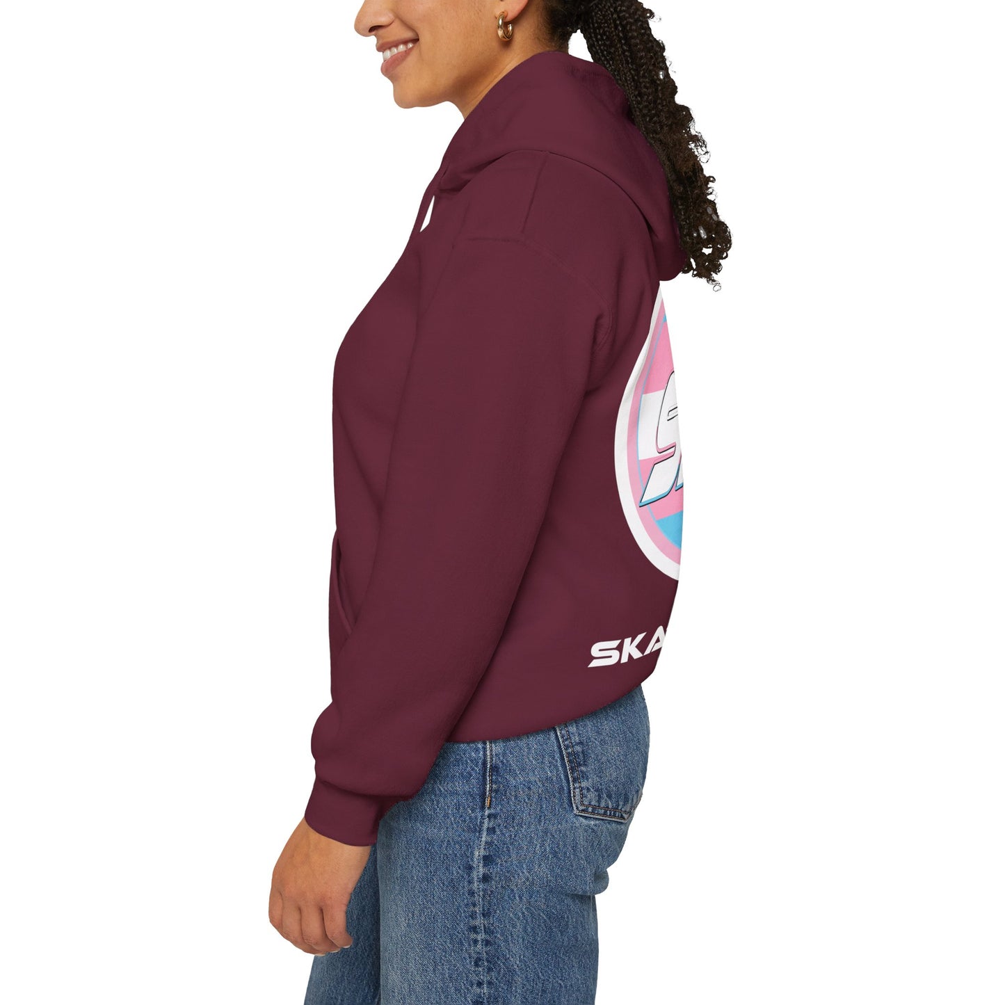 Add Custom Name - SKATE Trans Flag round logo Hoodie - Australian Shipping