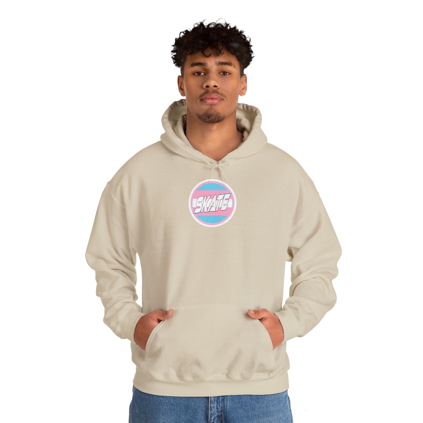 Add Custom Name - SKATE Trans Flag round logo Hoodie - Australian Shipping