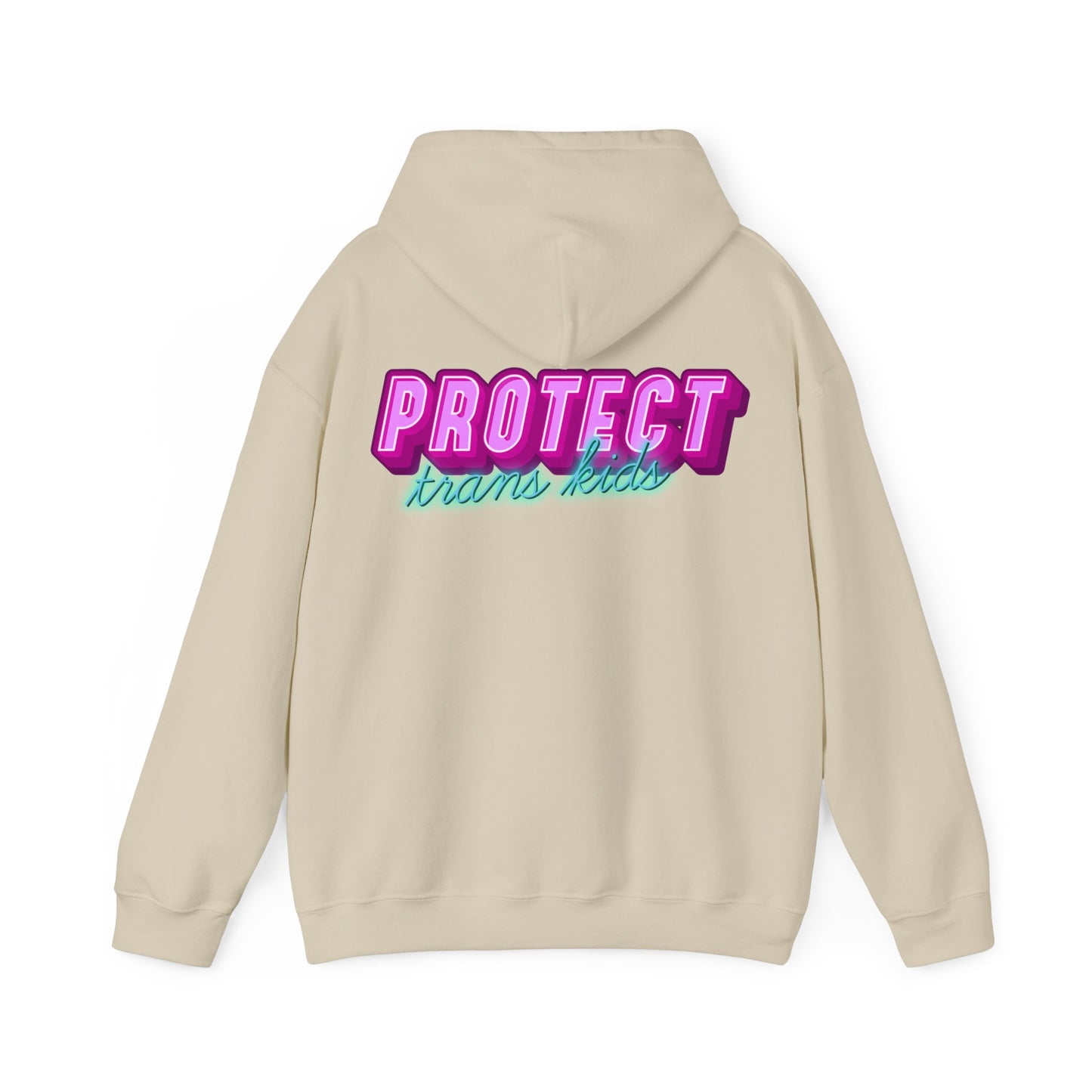 The "Protect Trans Kids Hoodie - Australian Shipping" is a beige unisex hoodie made from ethically sourced cotton and features the message "PROTECT trans kids" on the back in bold pink and teal lettering.