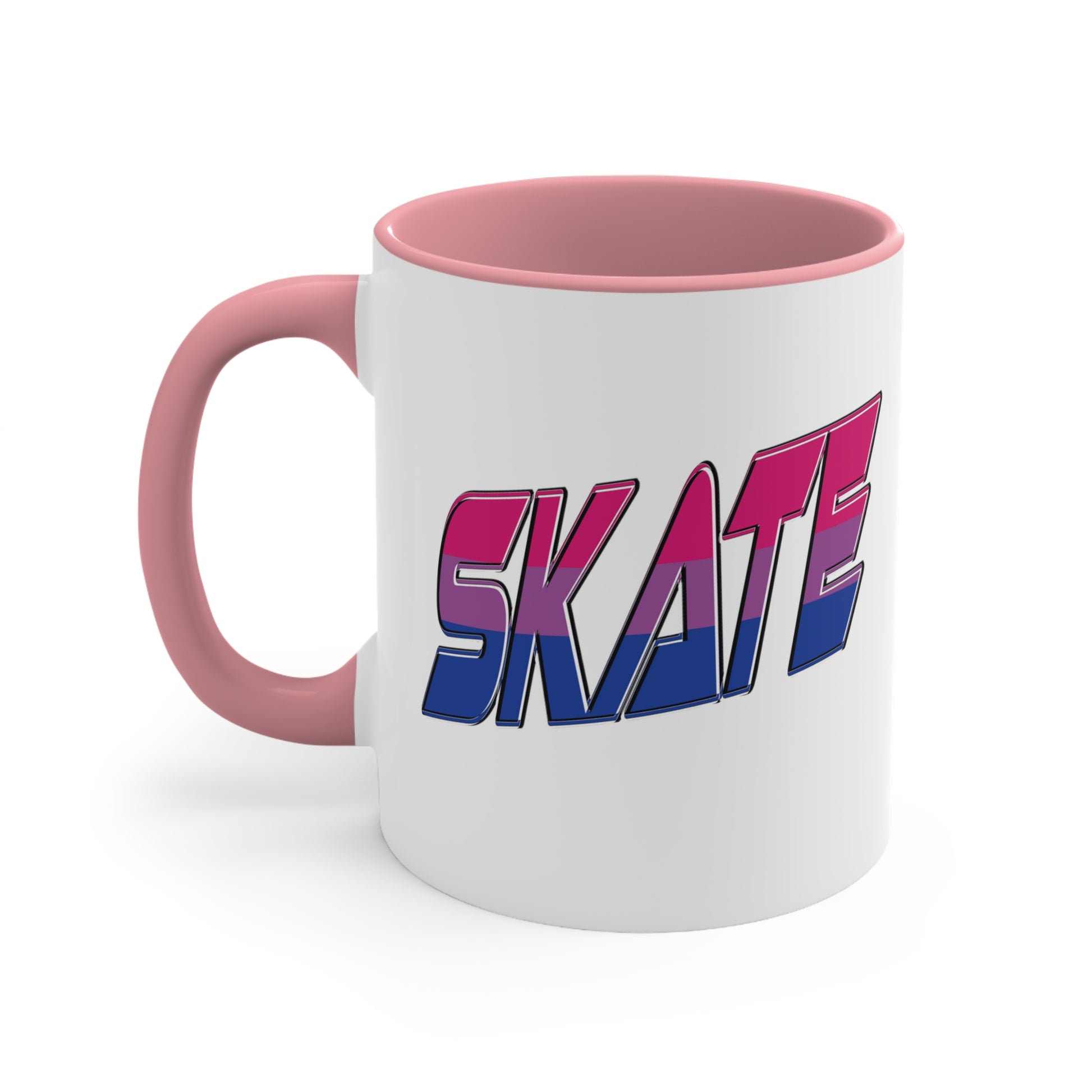 The Printify SKATE bisexual pride flag accent mug features a white base with a blue handle and vibrant interior. It proudly displays the word "SKATE" in bold, stylized gradient lettering, transitioning from pink at the top to blue at the bottom, creating an eye-catching contrast that evokes a sense of movement and energy.