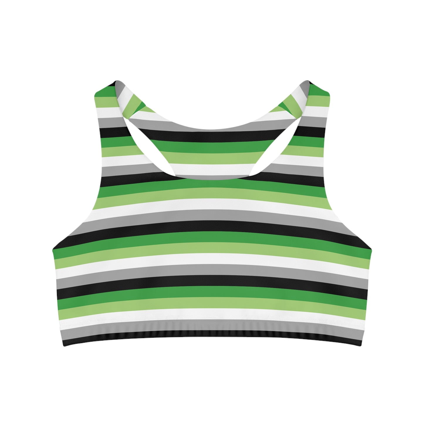 Introducing Printify's Aromantic Pride Flag Seamless Sports Crop from their Queer Active Wear line. This racerback crop top features an eye-catching pattern of evenly alternating horizontal stripes in green, black, gray, and white on high-performance moisture-wicking fabric, delivering a striking look inspired by the aromantic pride flag.