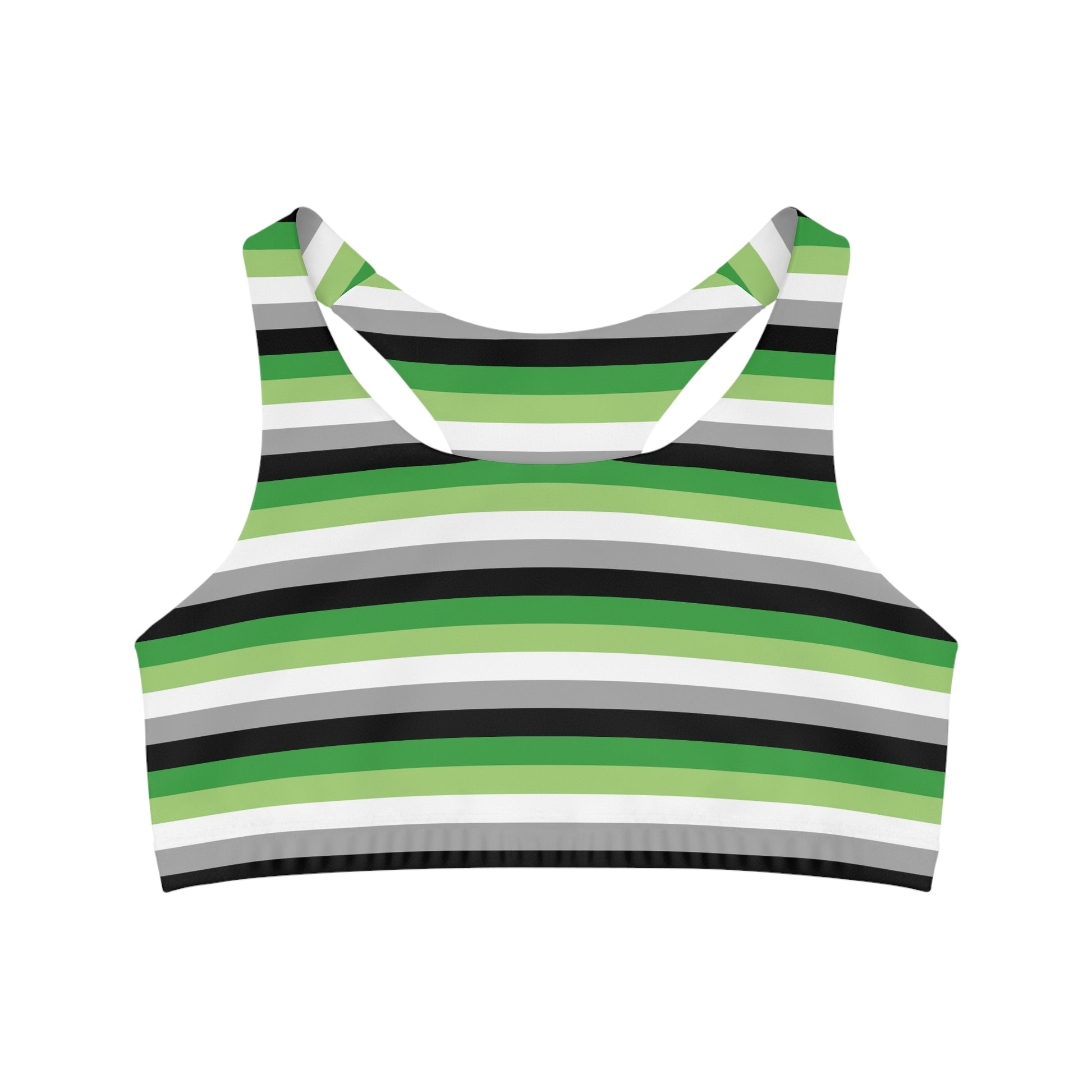 Introducing Printify's Aromantic Pride Flag Seamless Sports Crop from their Queer Active Wear line. This racerback crop top features an eye-catching pattern of evenly alternating horizontal stripes in green, black, gray, and white on high-performance moisture-wicking fabric, delivering a striking look inspired by the aromantic pride flag.