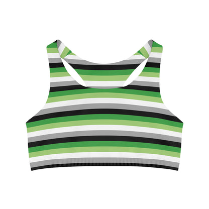 Introducing Printify's Aromantic Pride Flag Seamless Sports Crop from their Queer Active Wear line. This racerback crop top features an eye-catching pattern of evenly alternating horizontal stripes in green, black, gray, and white on high-performance moisture-wicking fabric, delivering a striking look inspired by the aromantic pride flag.