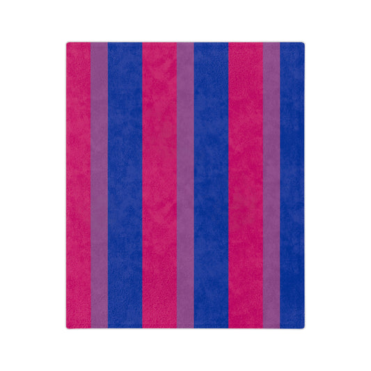 Introducing the Printify Bisexual Pride Flag - Velveteen Microfiber Blanket, showcasing a pattern of alternating thick and thin stripes in vibrant shades of blue, pink, and purple on a plain white background. Crafted from sumptuously soft fleece, this blanket embodies the dynamic and vibrant spirit of our trans and queer-owned brand.